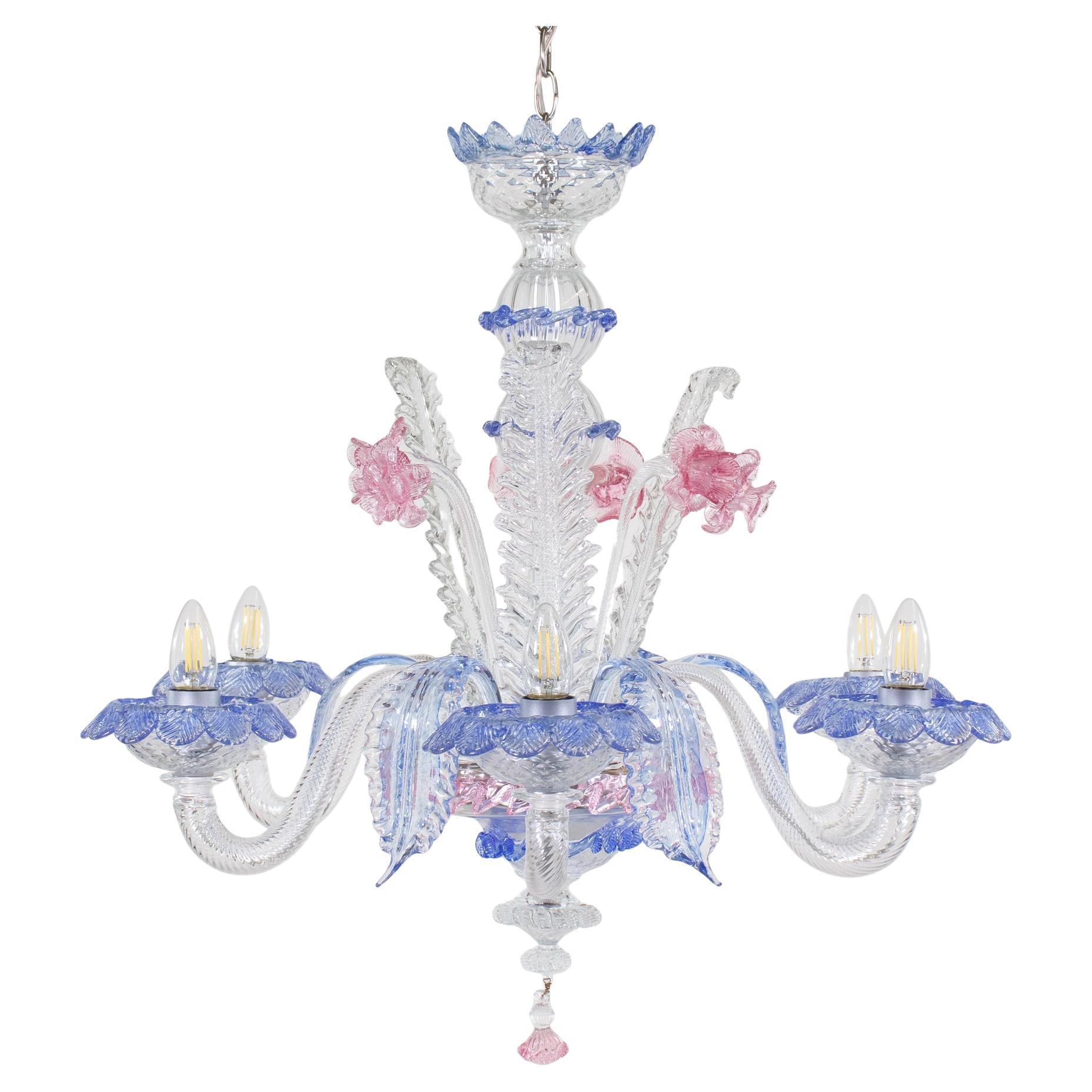 Vintage Baroque Style Pink and Blue Floral Murano Chandelier