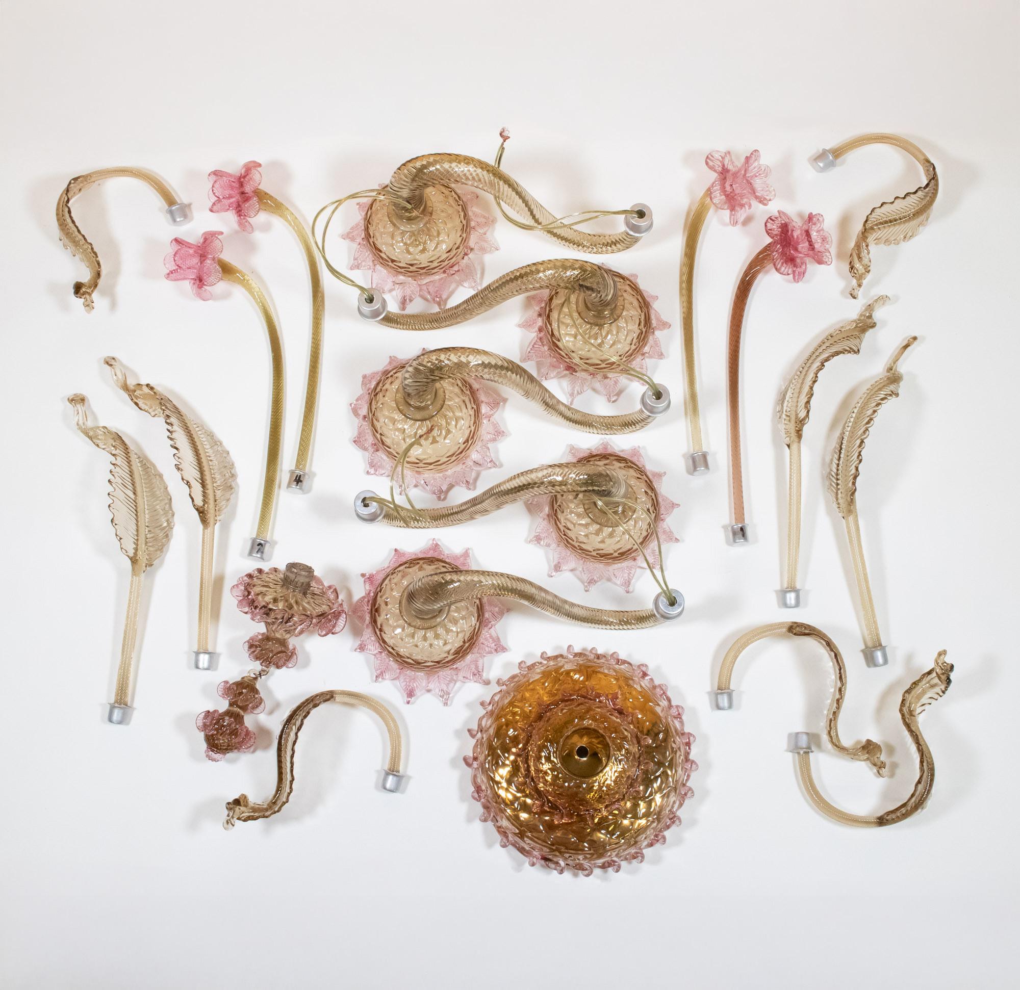 Rosa Karamell-Murano-Kronleuchter im Barockstil im Vintage-Stil (Italienisch) im Angebot