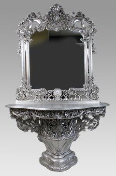 Vintage Baroque Style Silver Leaf Console Table and Mirror