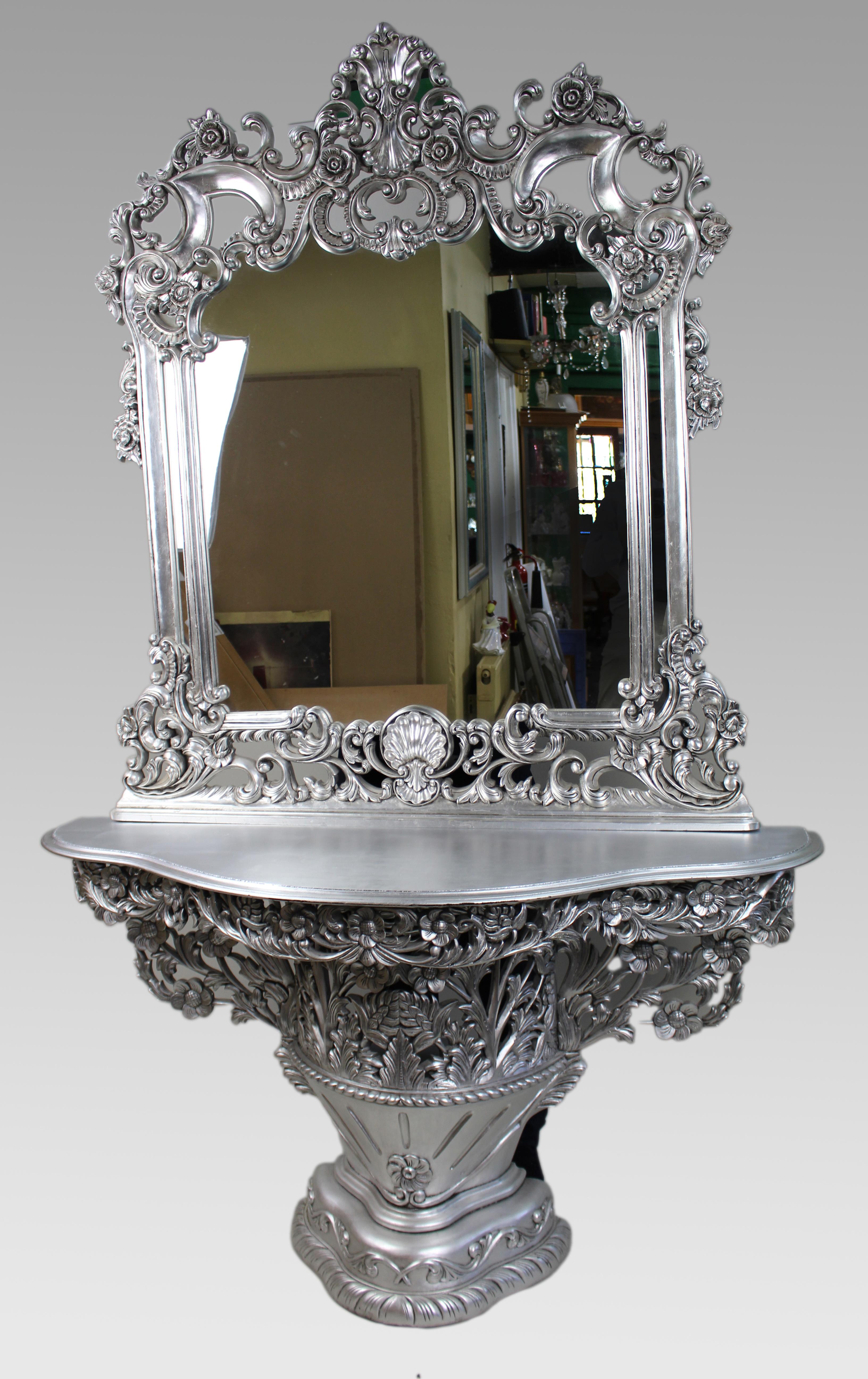 British Vintage Baroque Style Silver Leaf Console Table and Mirror For Sale