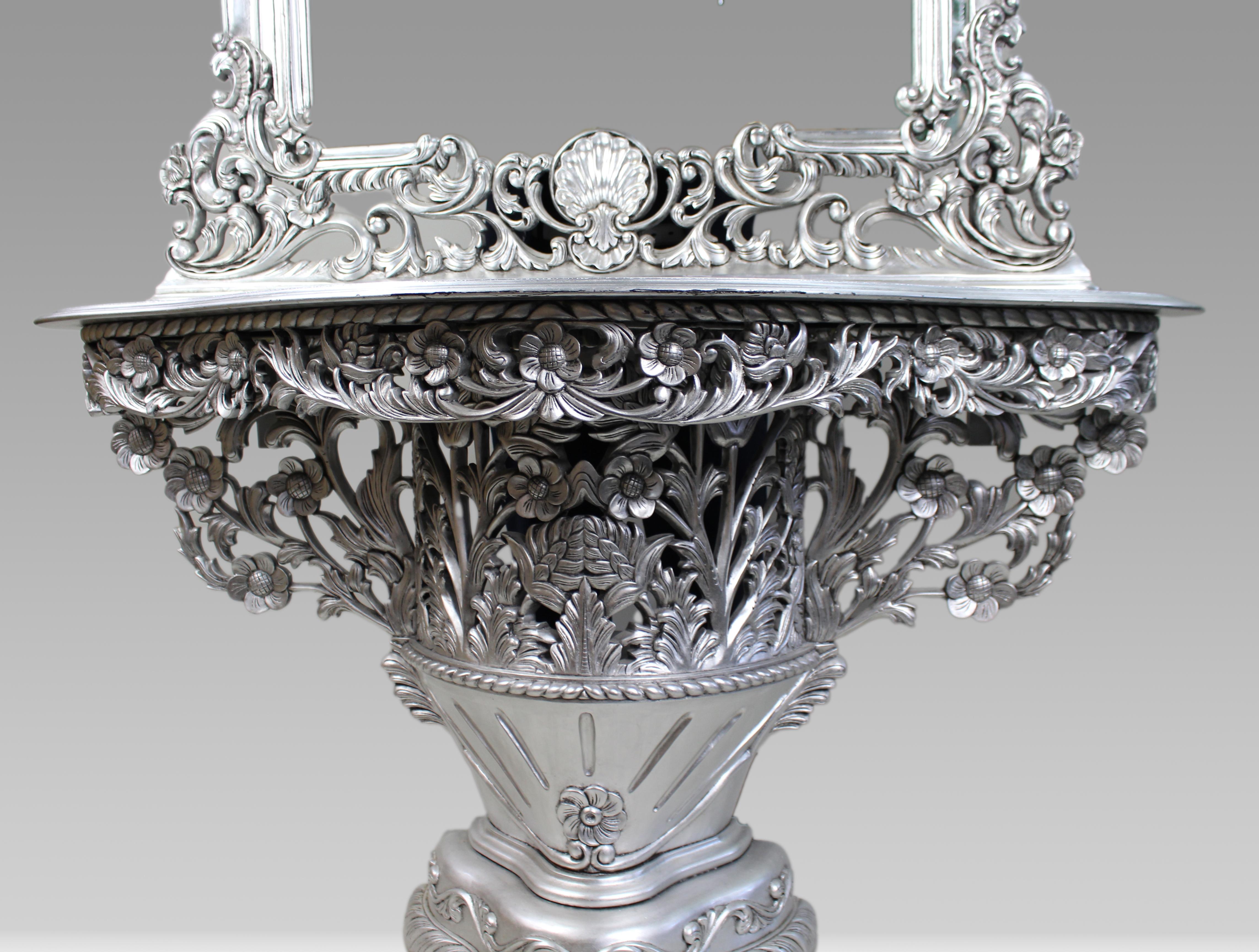 20th Century Vintage Baroque Style Silver Leaf Console Table and Mirror For Sale