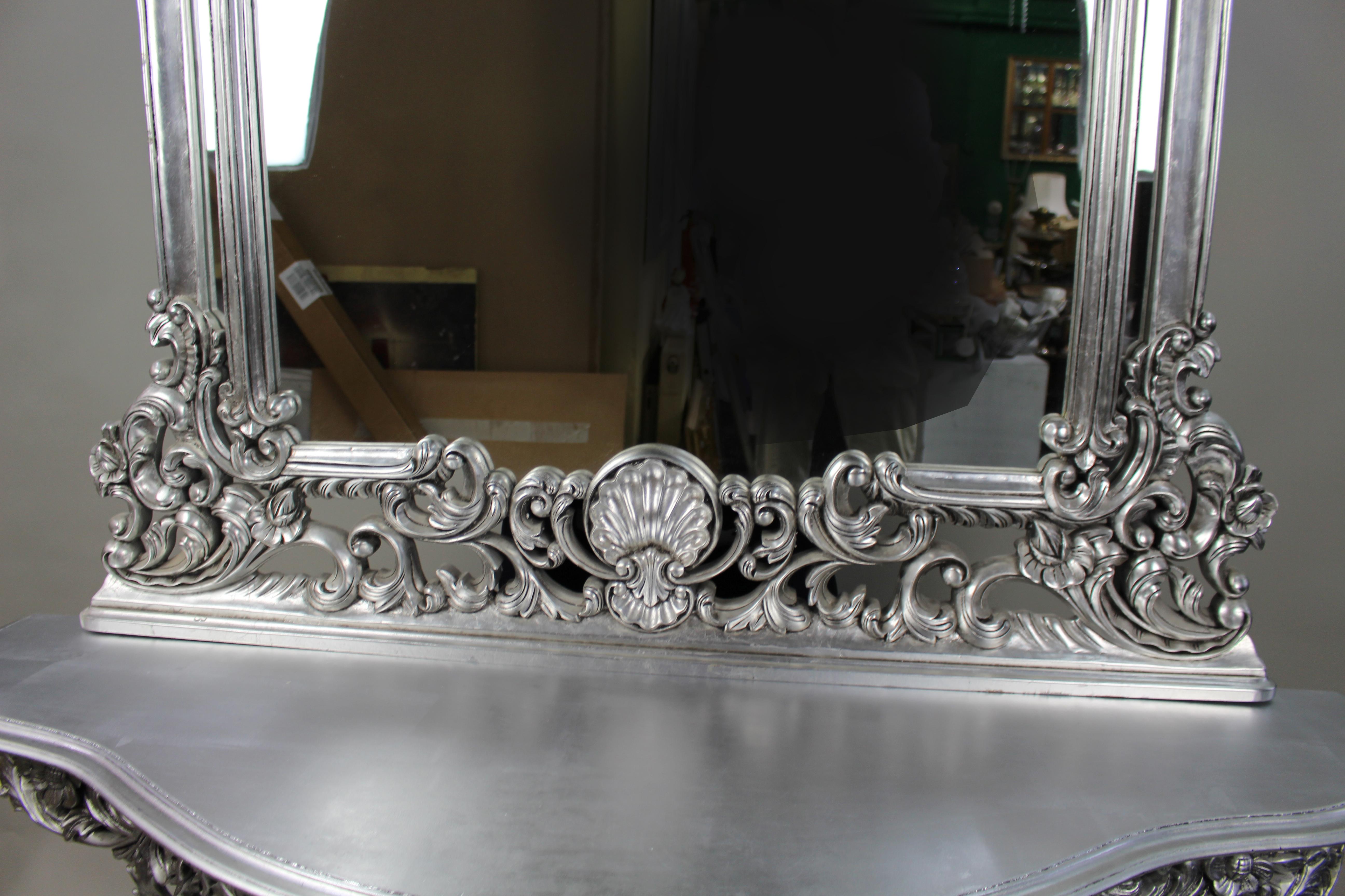 Wood Vintage Baroque Style Silver Leaf Console Table and Mirror For Sale