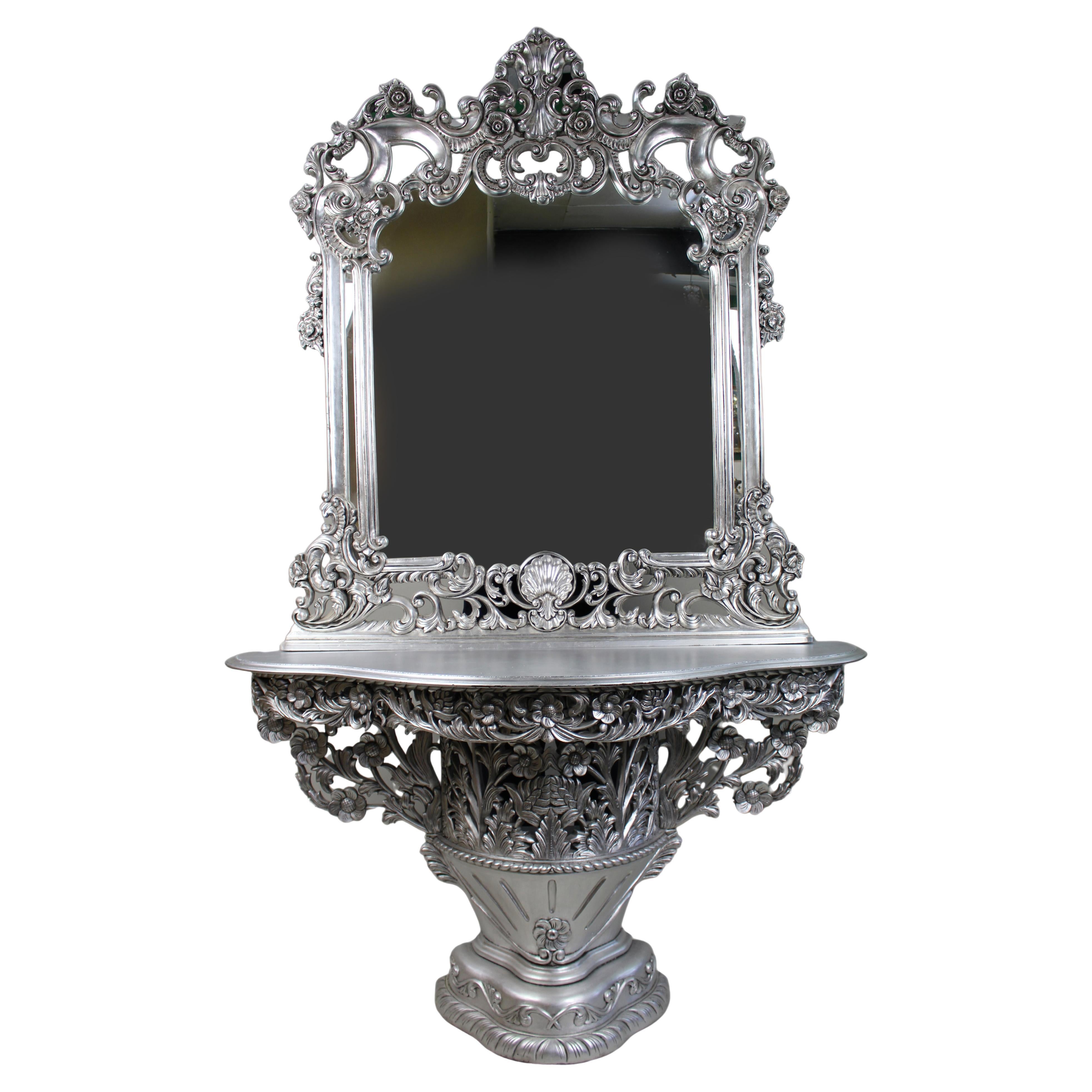 Vintage Baroque Style Silver Leaf Console Table and Mirror For Sale