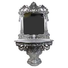 Vintage Baroque Style Silver Leaf Console Table and Mirror