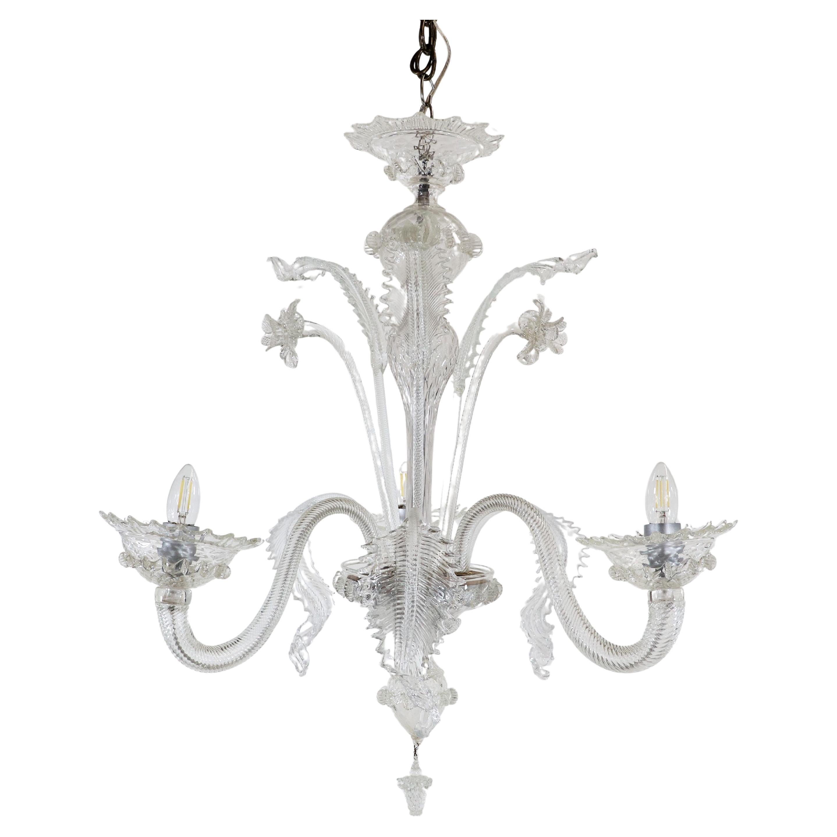 Dreiarmiger Cristallo Murano-Kronleuchter im Barockstil mit Rigaree-Besatz, Vintage