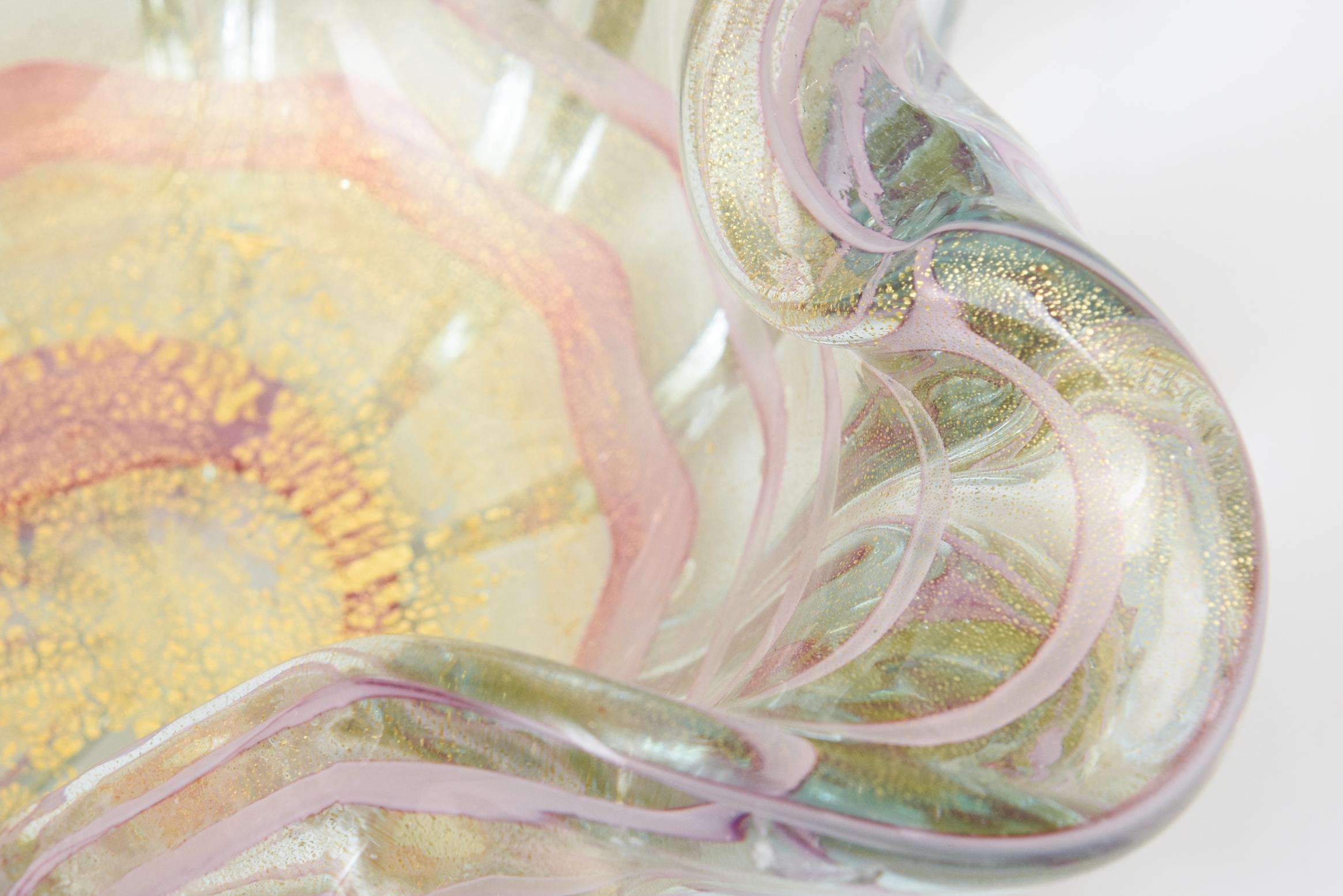 Vintage Barovier e Toso Murano Rosa Bänder Glasschale mit Gold Aventurin im Angebot 4