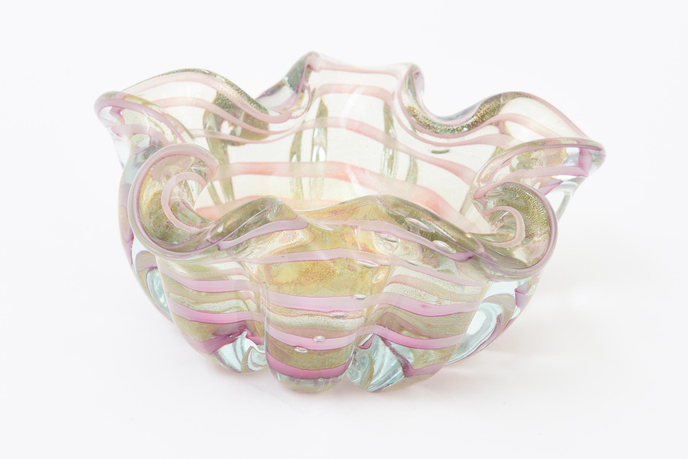 Vintage Barovier e Toso Murano Rosa Bänder Glasschale mit Gold Aventurin im Angebot 5