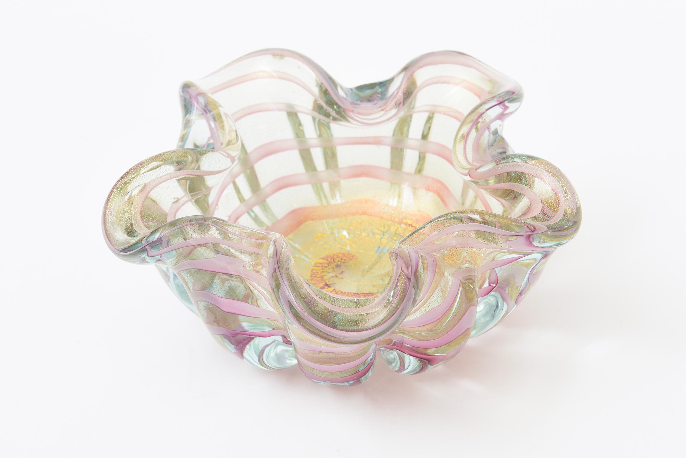 Vintage Barovier e Toso Murano Rosa Bänder Glasschale mit Gold Aventurin im Angebot 6