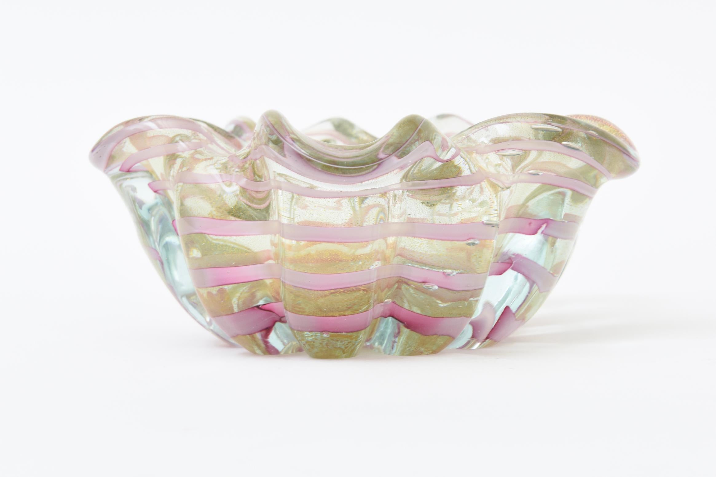 Vintage Barovier e Toso Murano Rosa Bänder Glasschale mit Gold Aventurin (Moderne der Mitte des Jahrhunderts) im Angebot