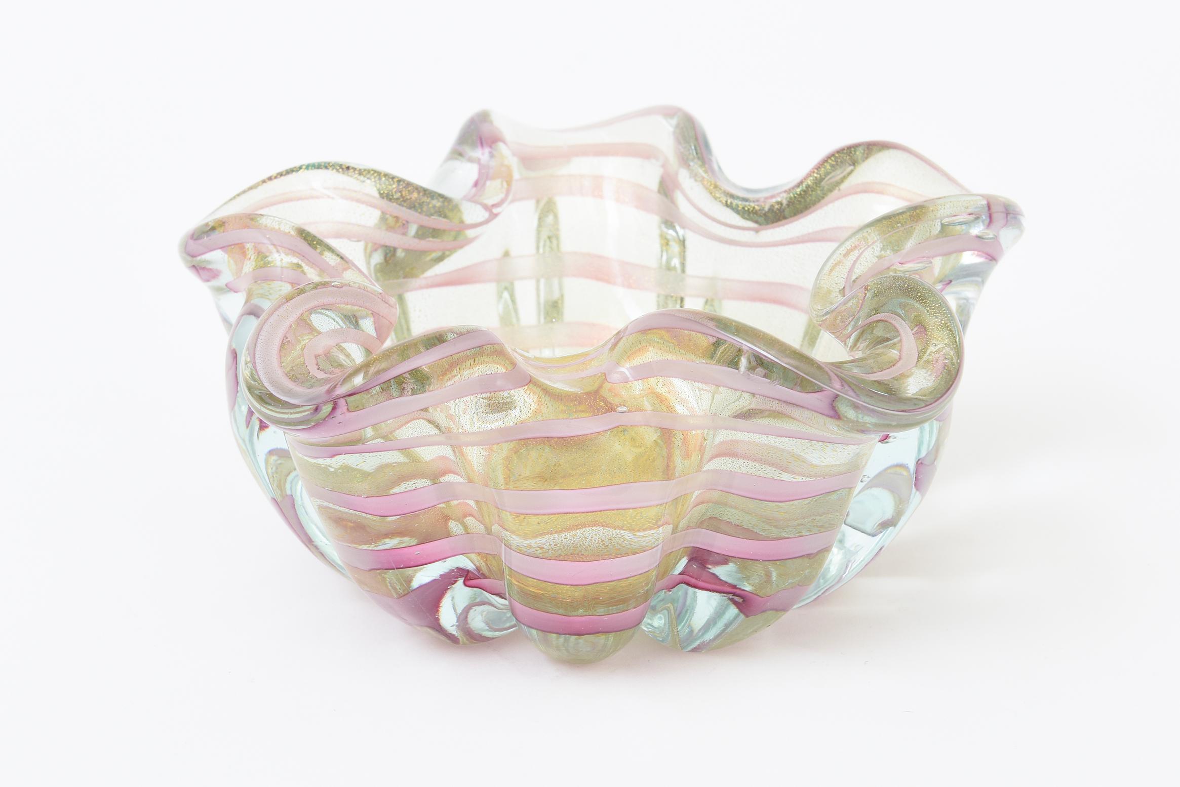 Vintage Barovier e Toso Murano Rosa Bänder Glasschale mit Gold Aventurin (Italienisch) im Angebot