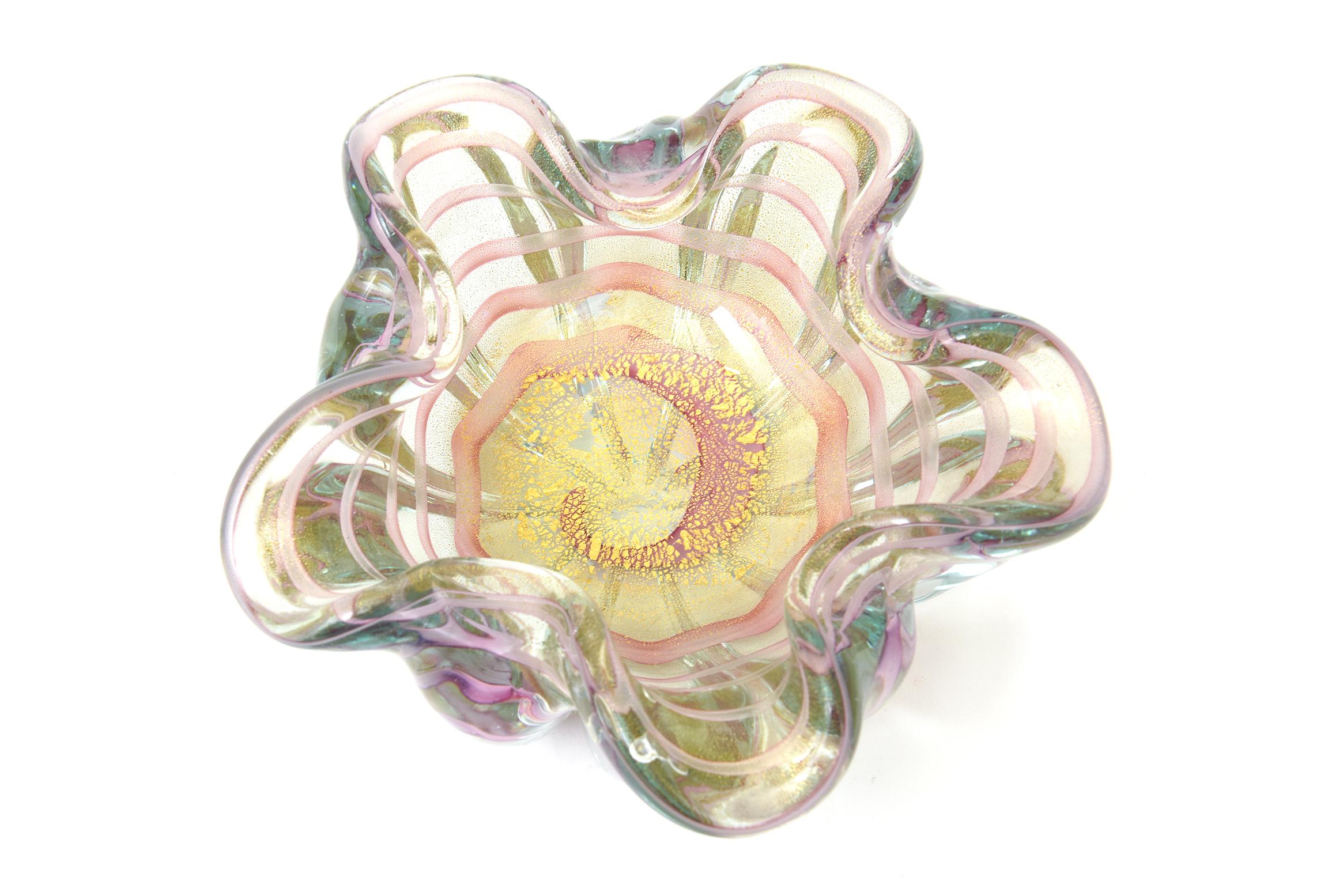 Vintage Barovier e Toso Murano Rosa Bänder Glasschale mit Gold Aventurin im Zustand „Gut“ im Angebot in North Miami, FL