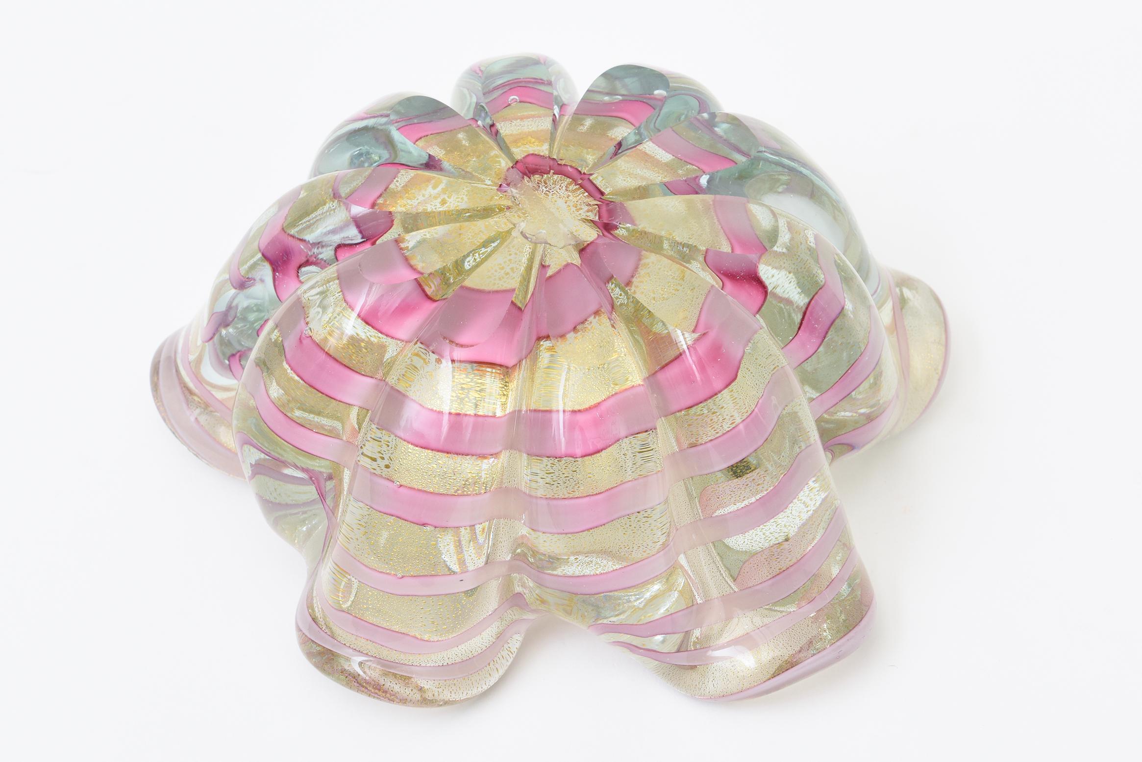 Vintage Barovier e Toso Murano Rosa Bänder Glasschale mit Gold Aventurin im Angebot 1