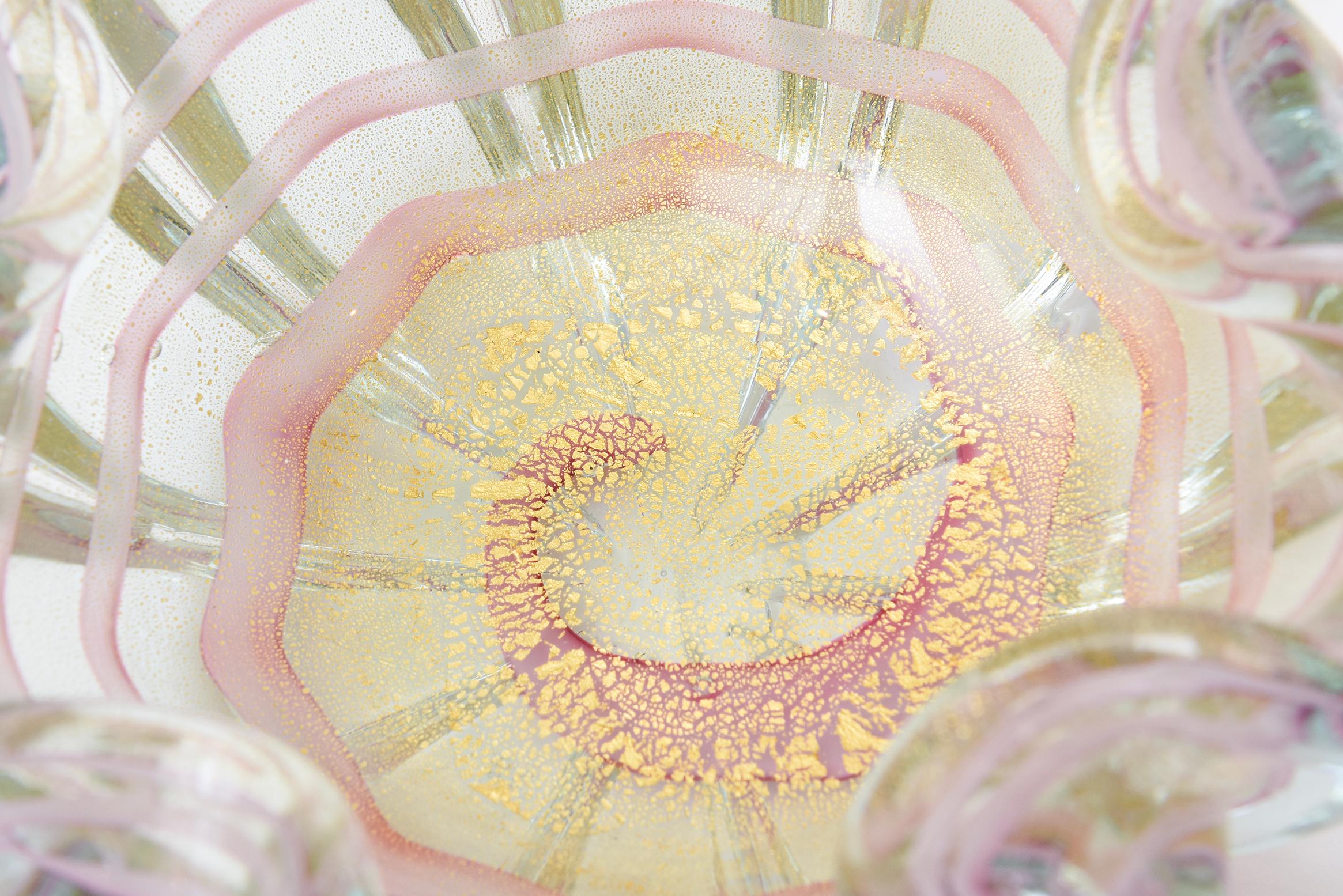 Vintage Barovier e Toso Murano Rosa Bänder Glasschale mit Gold Aventurin im Angebot 2