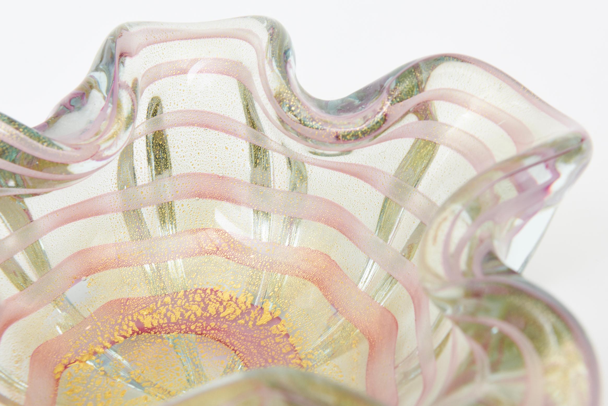 Vintage Barovier e Toso Murano Rosa Bänder Glasschale mit Gold Aventurin im Angebot 3
