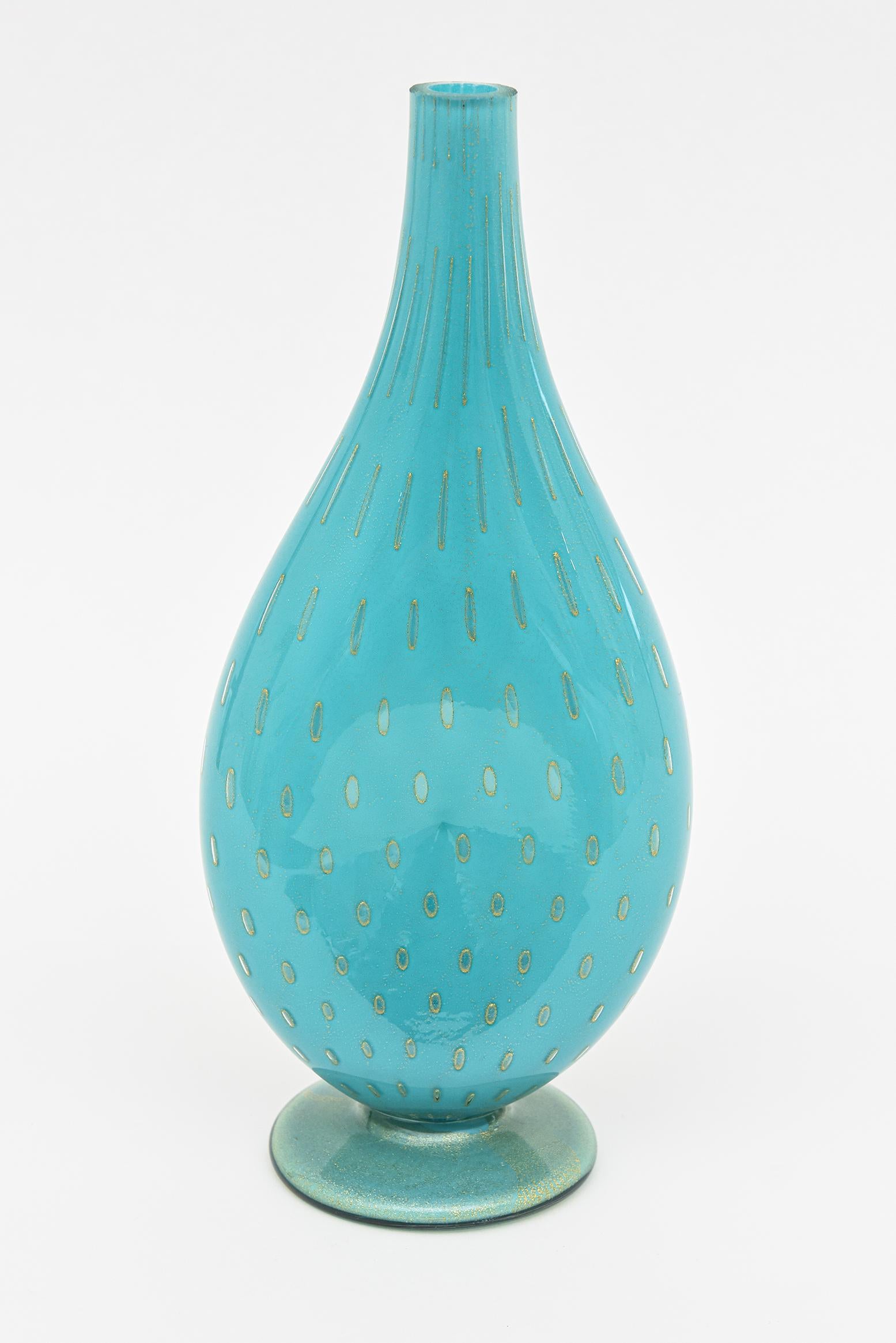Vintage Barovier e Toso Murano Turquoise Glass Vessel Bottle With Gold Droplets For Sale 1