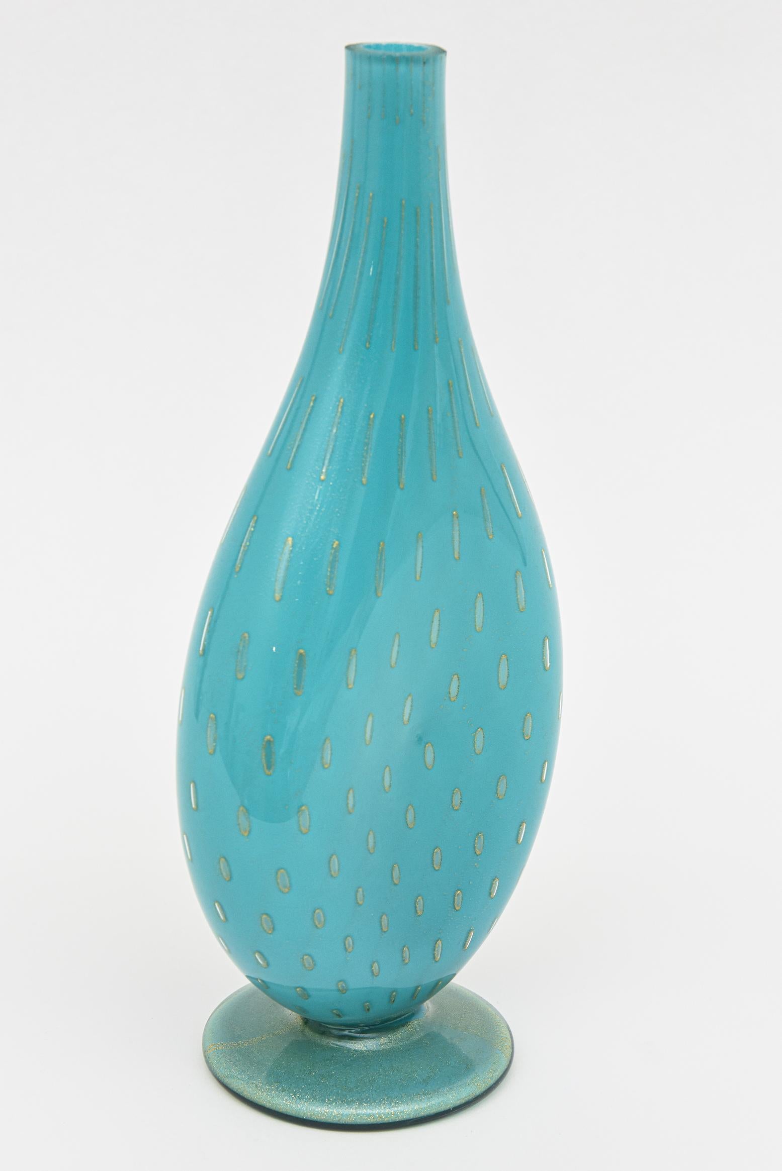 Vintage Barovier e Toso Murano Turquoise Glass Vessel Bottle With Gold Droplets For Sale 2