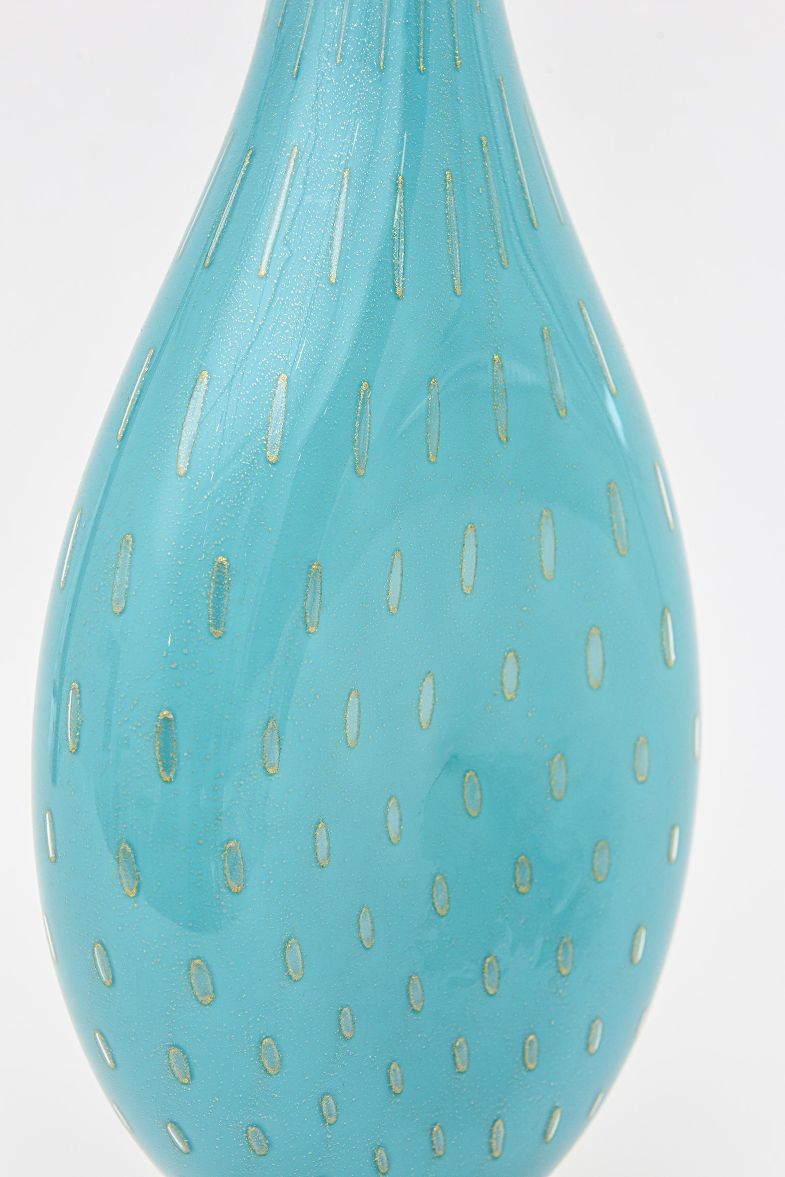 Mid-Century Modern Vintage Barovier e Toso Murano Turquoise Glass Vessel Bottle With Gold Droplets For Sale