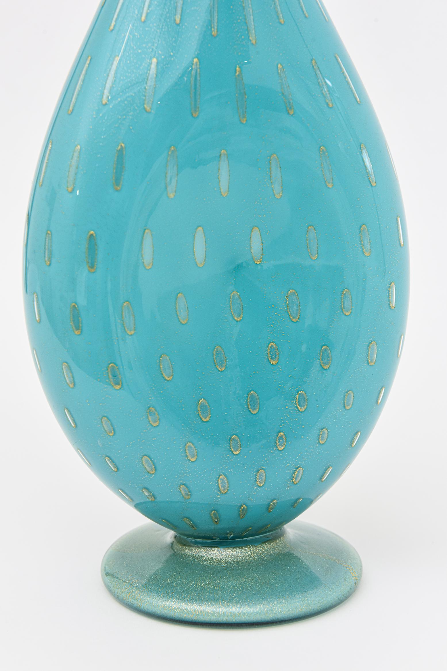 Mid-Century Modern Vintage Barovier e Toso Murano Turquoise Glass Vessel Bottle With Gold Droplets For Sale