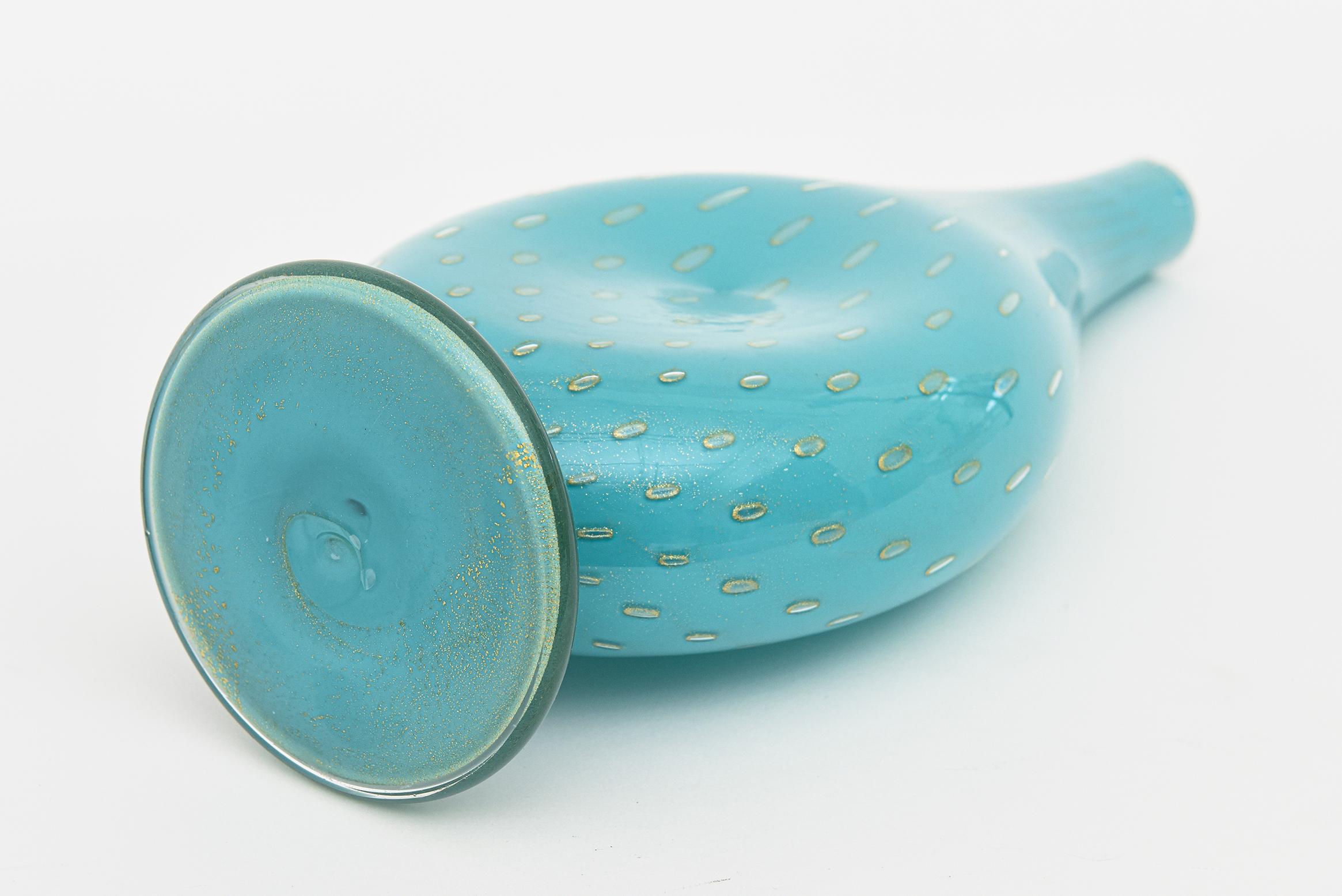 Mid-20th Century Vintage Barovier e Toso Murano Turquoise Glass Vessel Bottle With Gold Droplets For Sale
