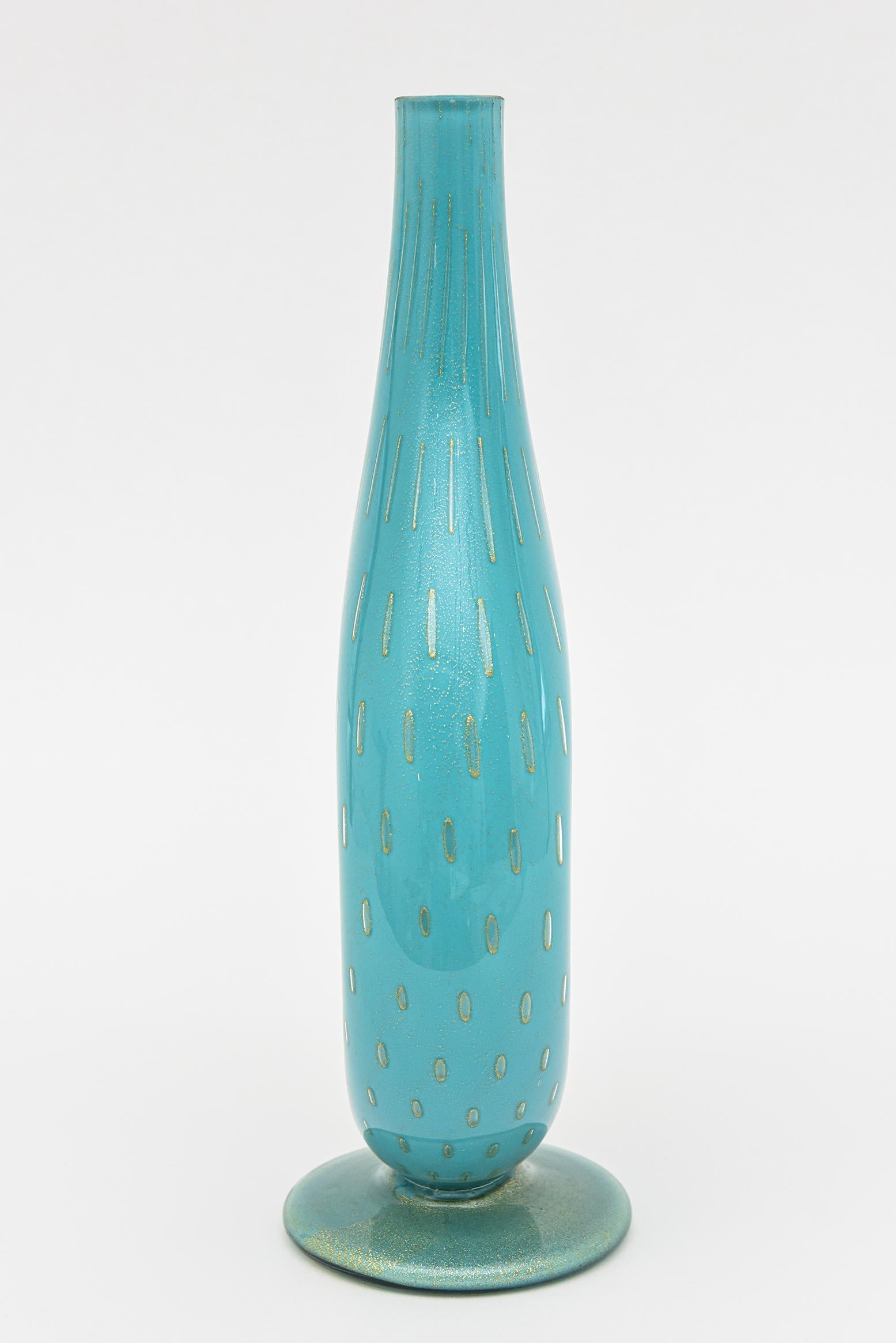 Vintage Barovier e Toso Murano Turquoise Glass Vessel Bottle With Gold Droplets For Sale 1