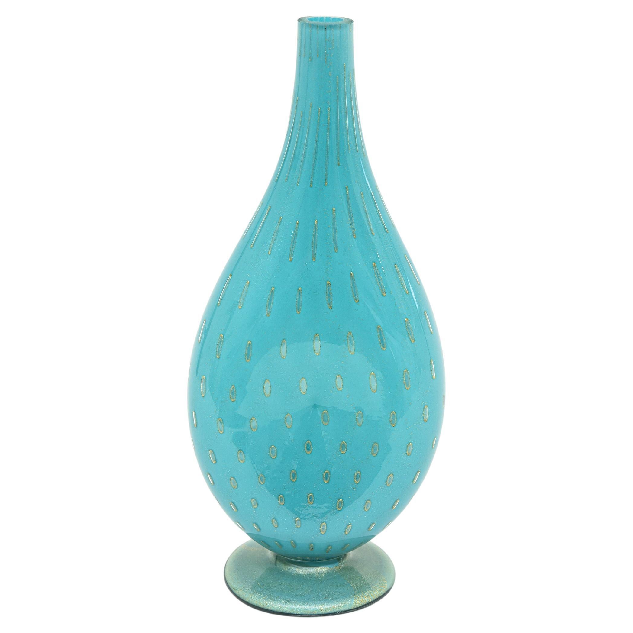 Vintage Barovier&Toso Murano Turquoise Glass Vessel Bottle With Gold Droplets (Bouteille en verre turquoise avec des gouttes d'or)