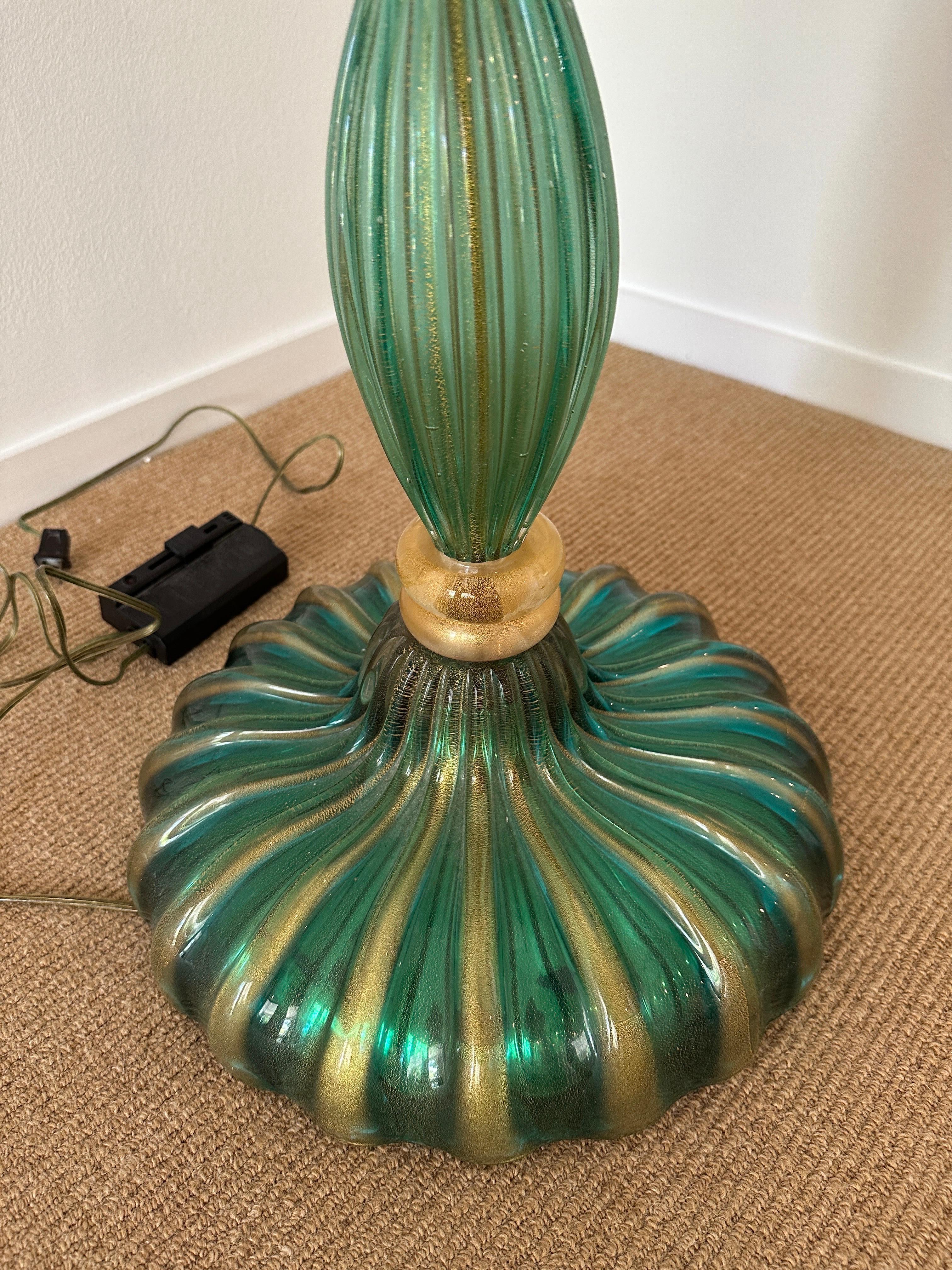 Wonderful original vintage Barovier floor lamp with custom shade included. Green Murano glass with gold foil inclusions. Wonderful condition.  THIS ITEM IS LOCATED AND WILL SHIP FROM OUR EAST HAMPTON, NY SHOWROOM.