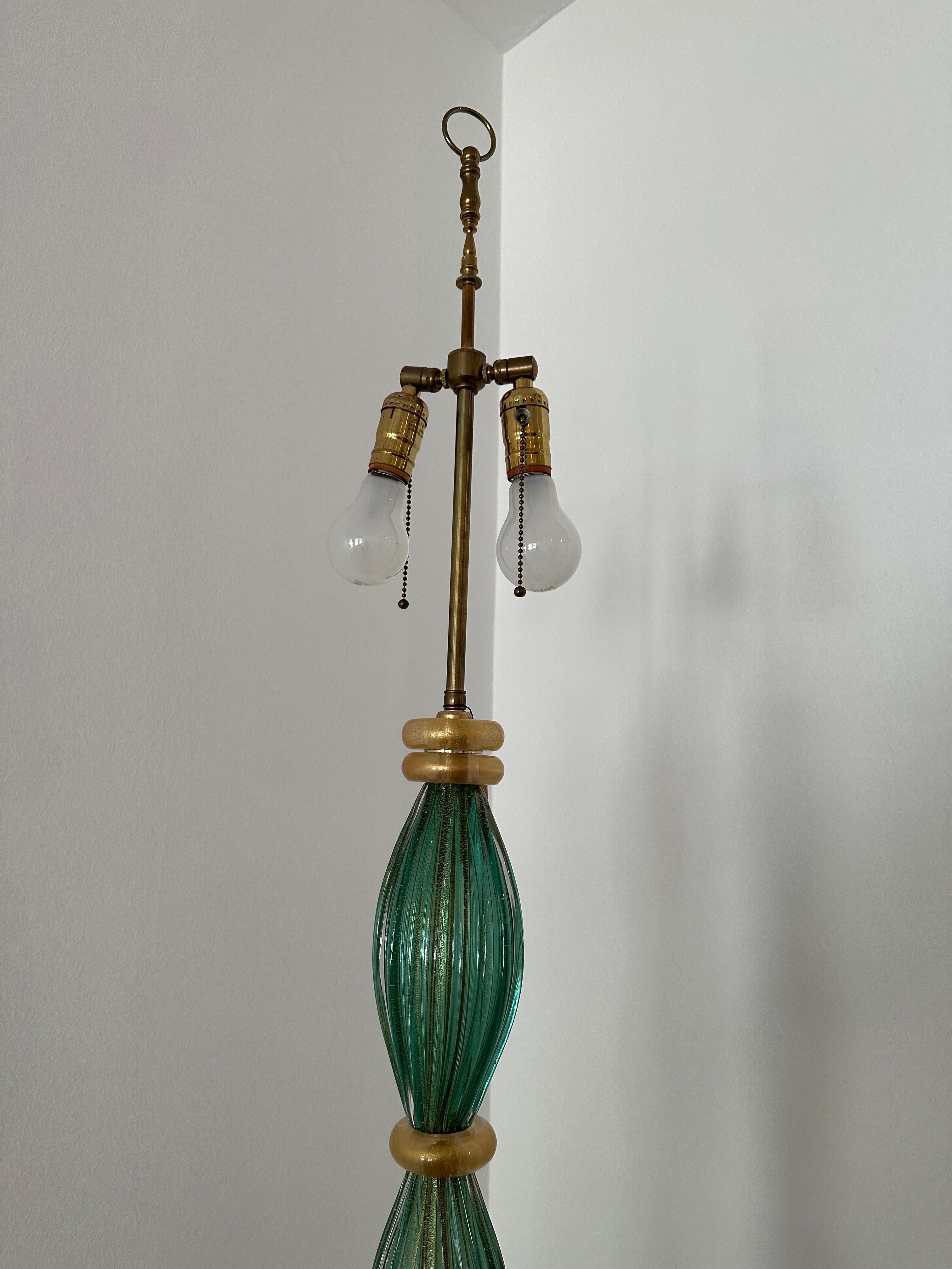 Mid-Century Modern Vintage Barovier Green Murano Glass Floor Lamp w/ Gold Foil Inclusions For Sale