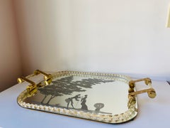 Vintage Barovier Style Mirrored Tray with Murano Glass and Bronze Handles
