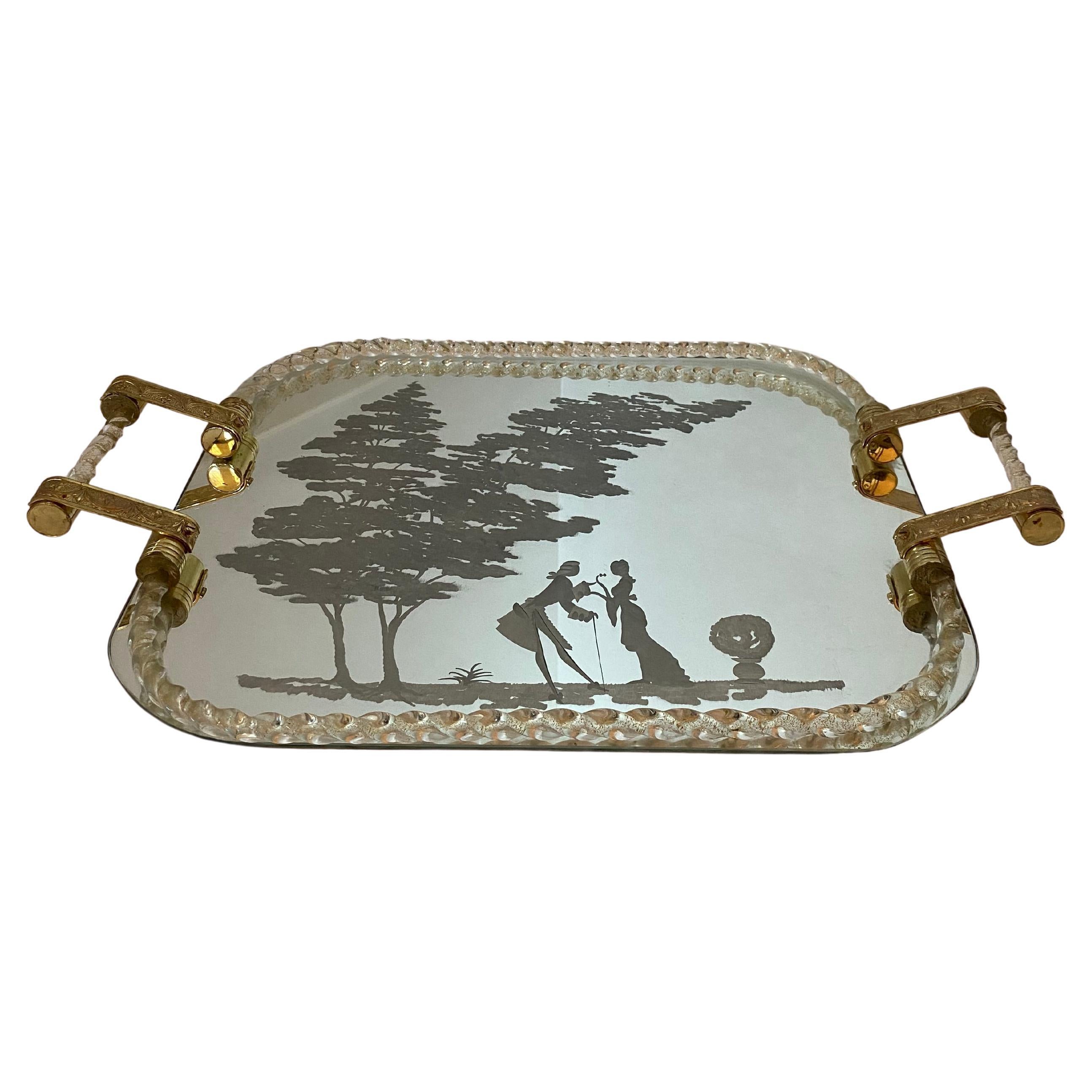 Vintage Barovier Style Mirrored Tray with Murano Glass and Bronze Handles