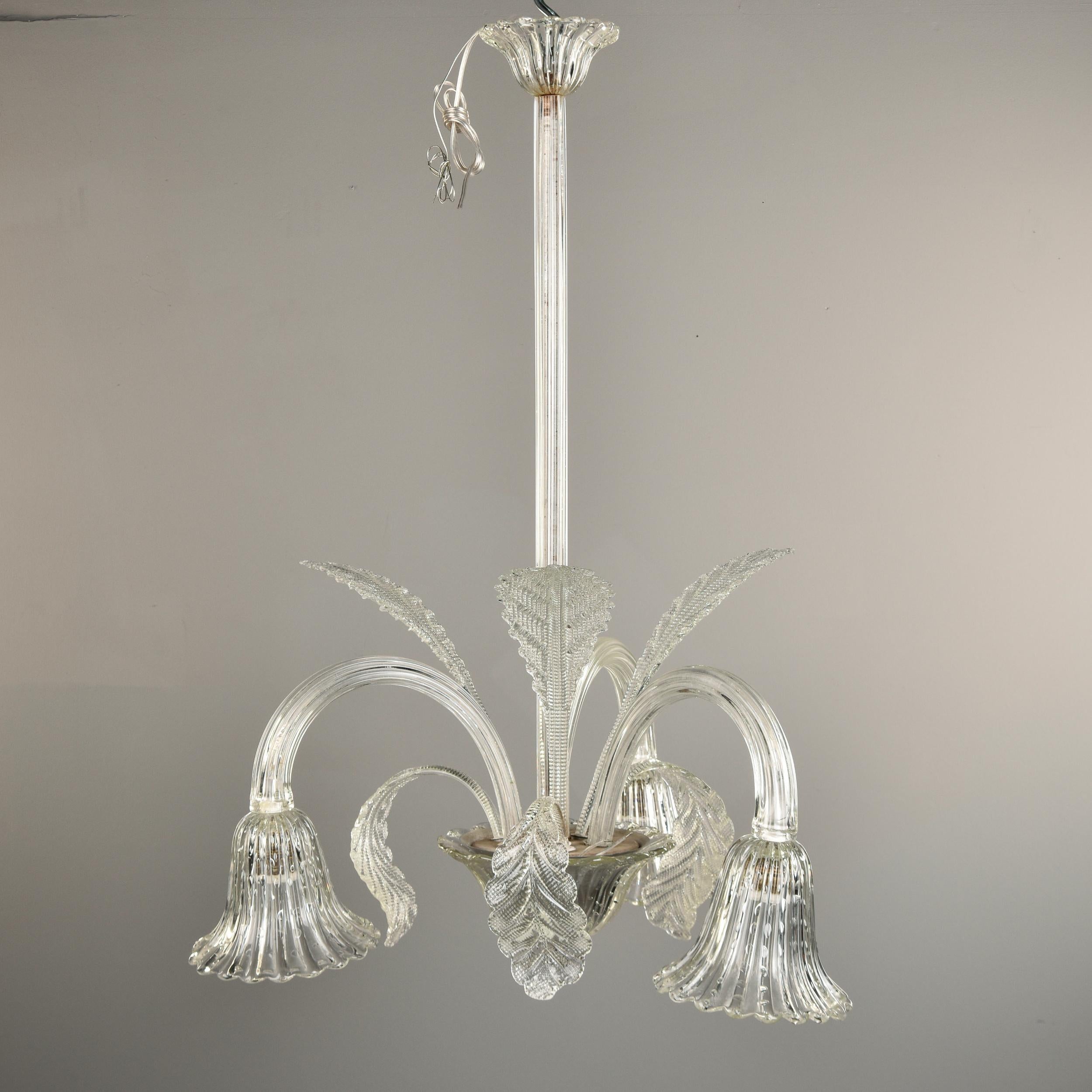Italian Vintage Barovier & Toso Clear Murano Glass Three Light Chandelier For Sale