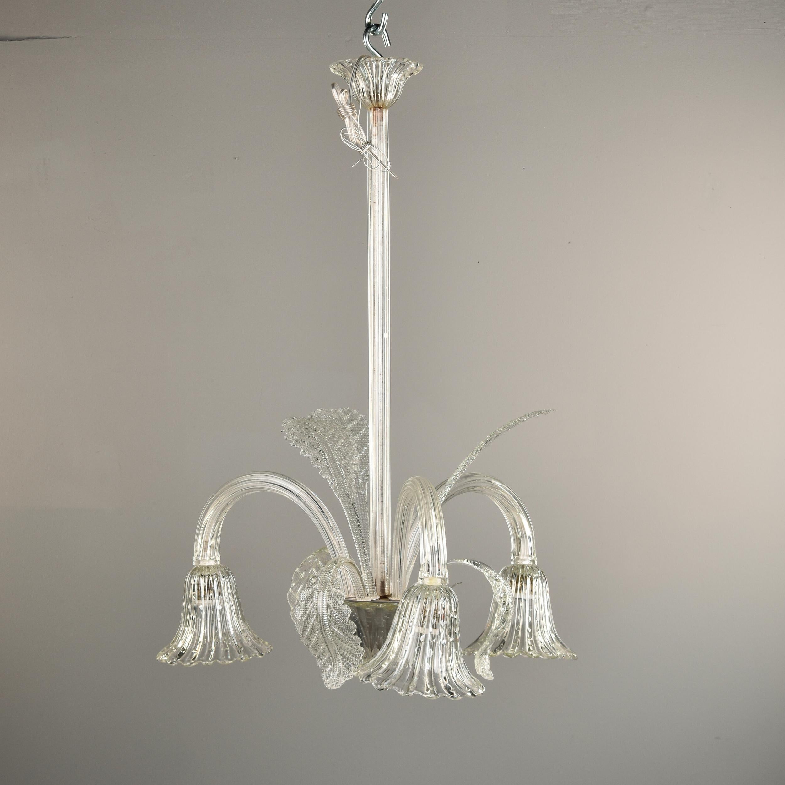 Vintage Barovier & Toso Clear Murano Glass Three Light Chandelier In Good Condition For Sale In Troy, MI