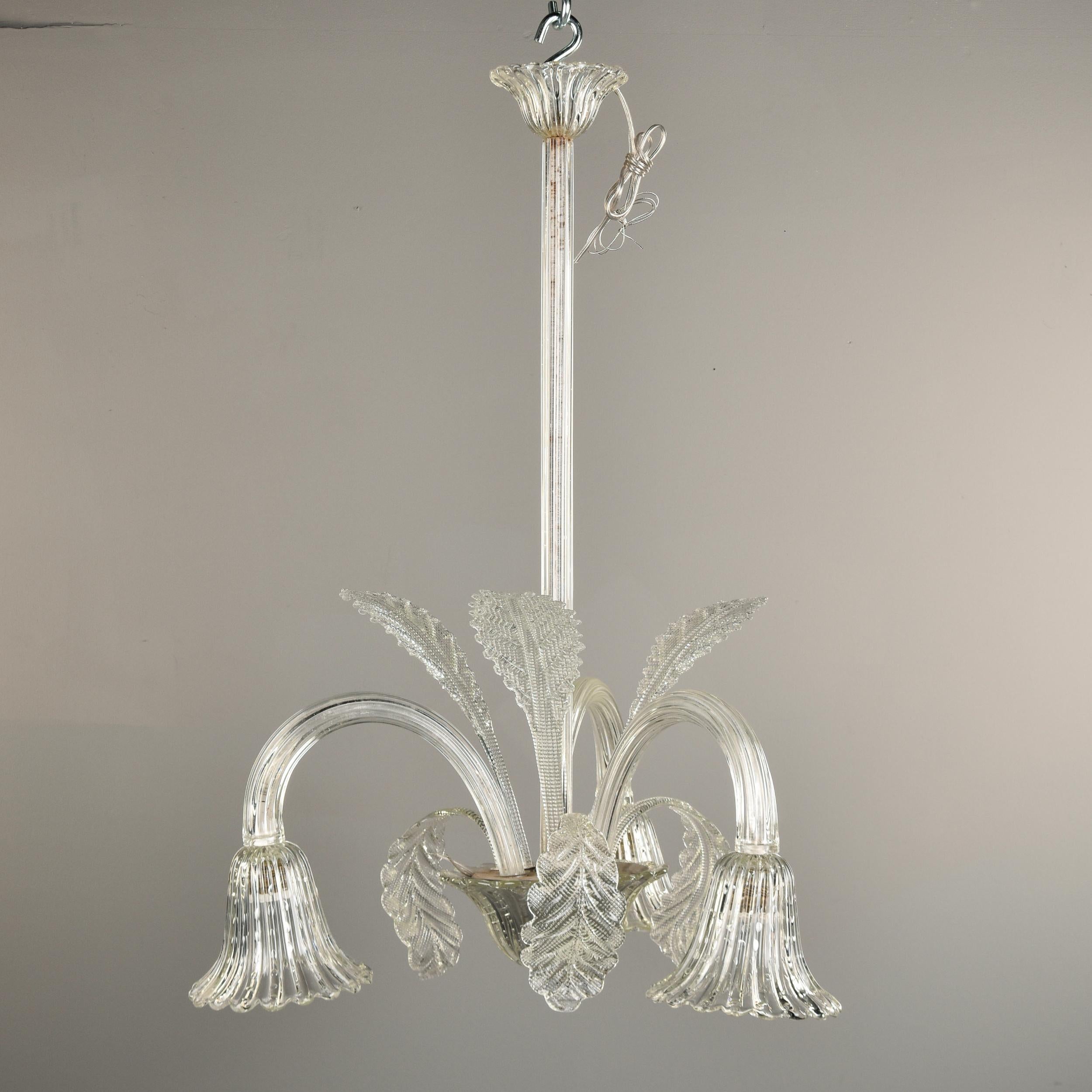 Vintage Barovier & Toso Clear Murano Glass Three Light Chandelier For Sale 4