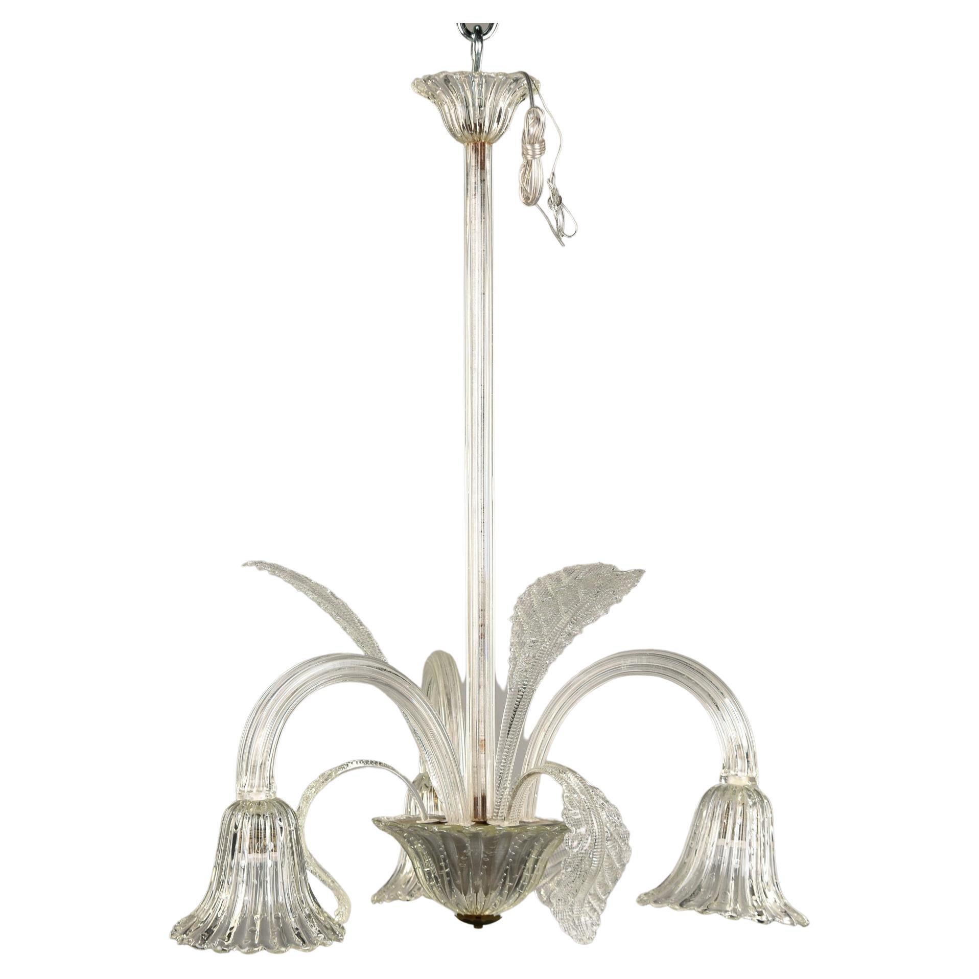 Vintage Barovier & Toso Clear Murano Glass Three Light Chandelier For Sale