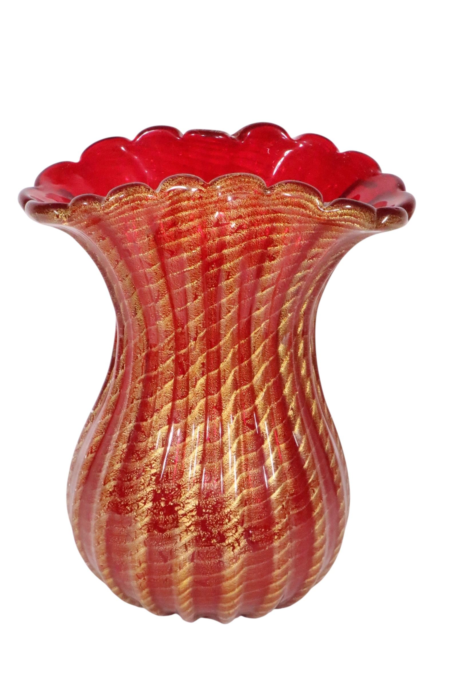 Italiano Vaso d'epoca in vetro artistico di Murano Barovier&Toso Cordonato D'oro C.C. anni '50 in vendita