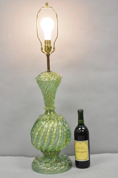 Vintage Barovier & Toso Murano Italy Green Swirl Glass Gold Flecks Table Lamp