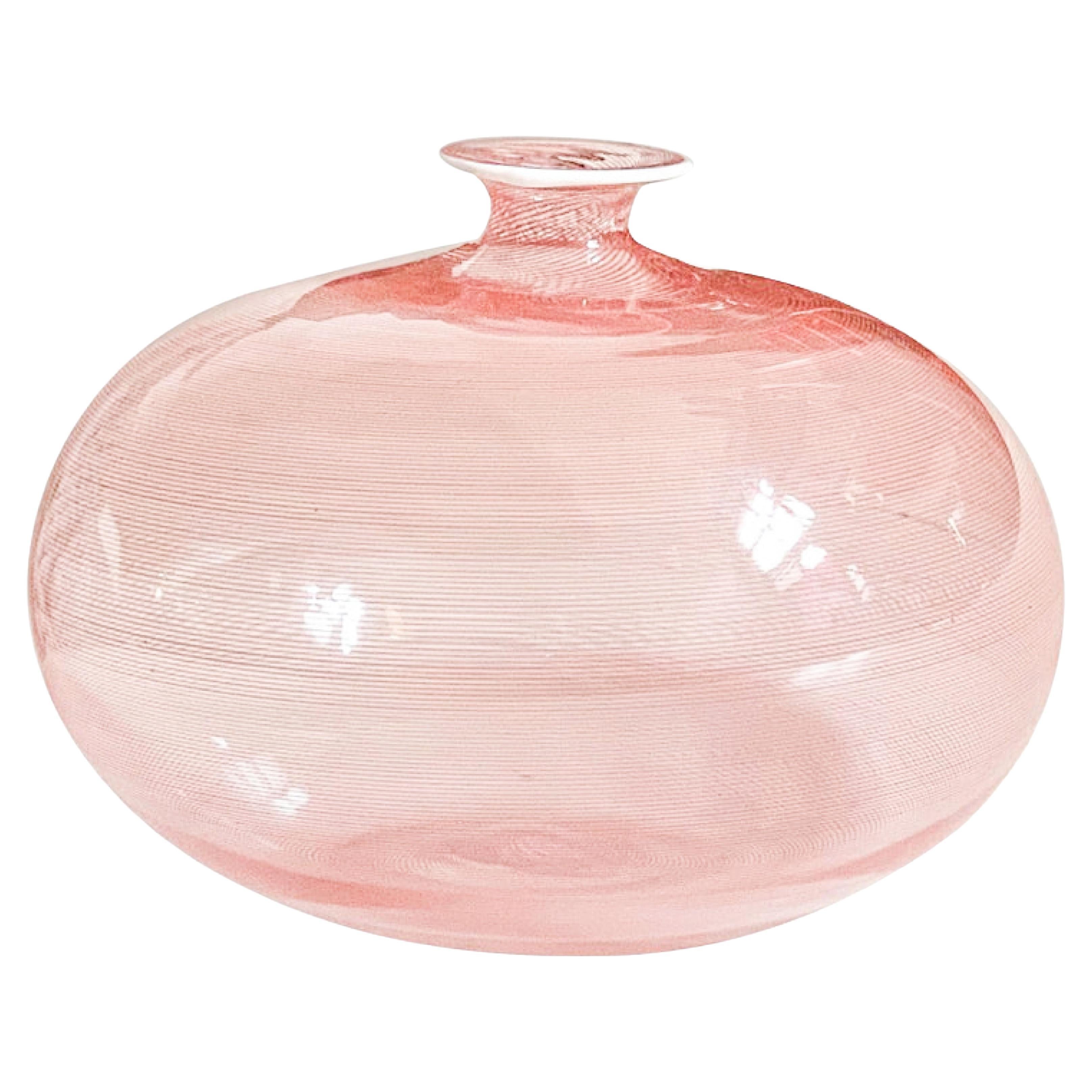 Vintage Barovier & Toso Murano Pin-Striped Pink Glass Vase, Signed, 1960s
