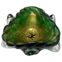 Vintage Barovier Toso Style Italian Murano Green Glass with Gilt Bowl