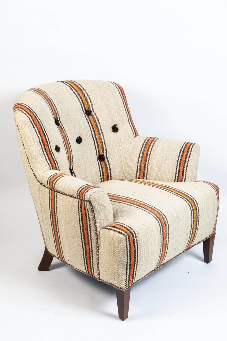 Vintage Barrel Back Chair Newly Upholstered in Kilim Rug at 1stDibs