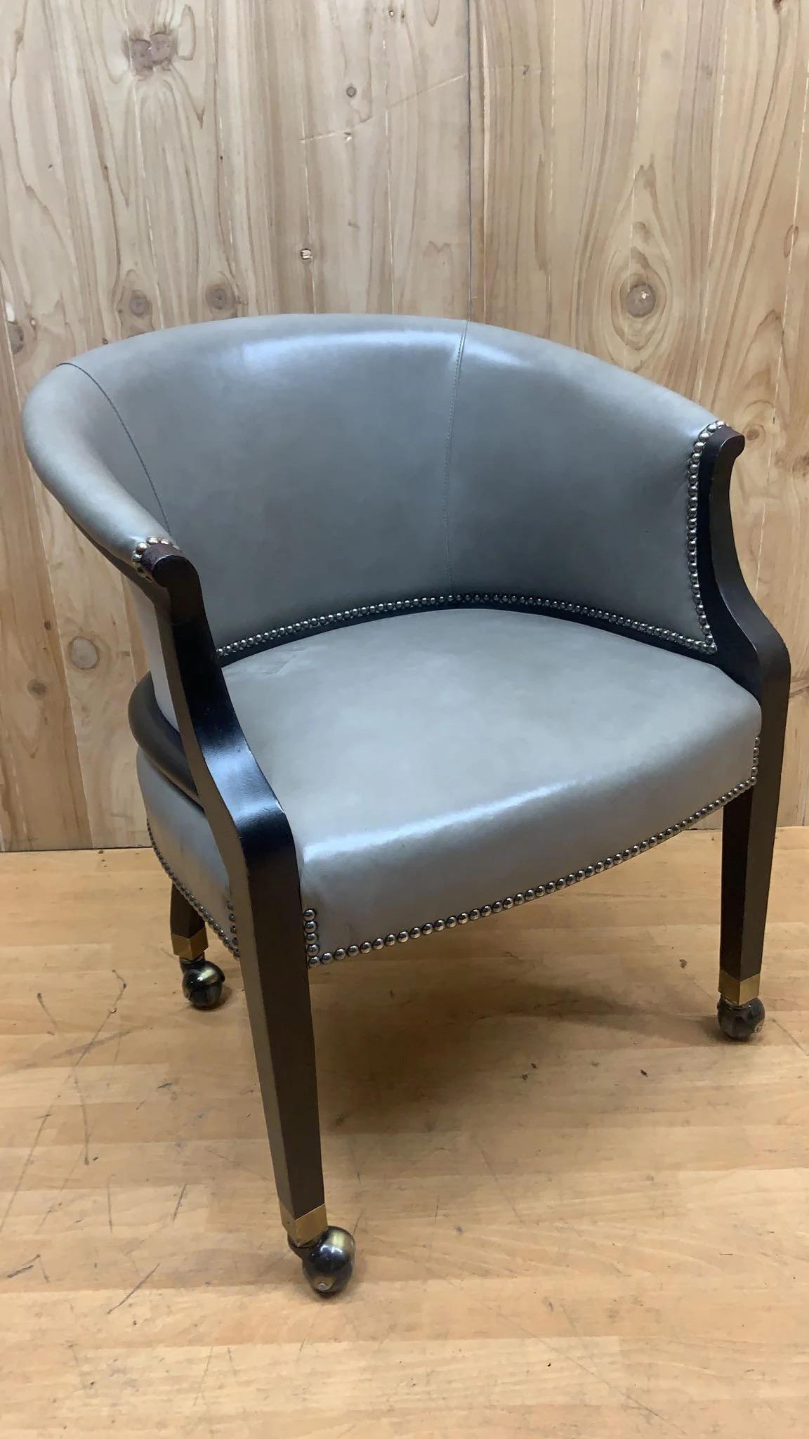 Vintage Barrel Back Side-Chair w/ Grey Ebonized Frame & Full-Grain Leather In Good Condition For Sale In Chicago, IL