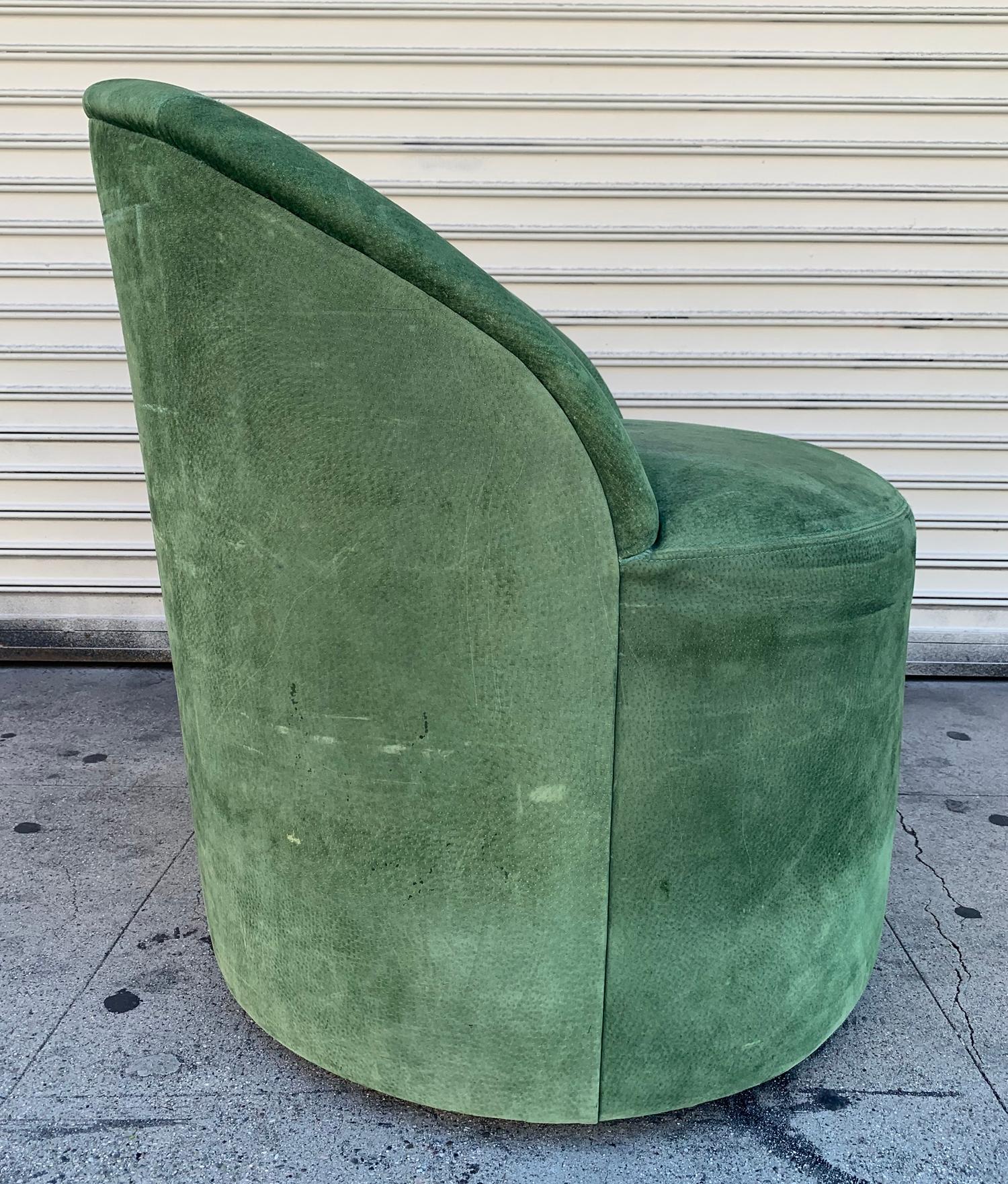 Mid-Century Modern Vintage Barrel Chair Upholstered in Green Suede