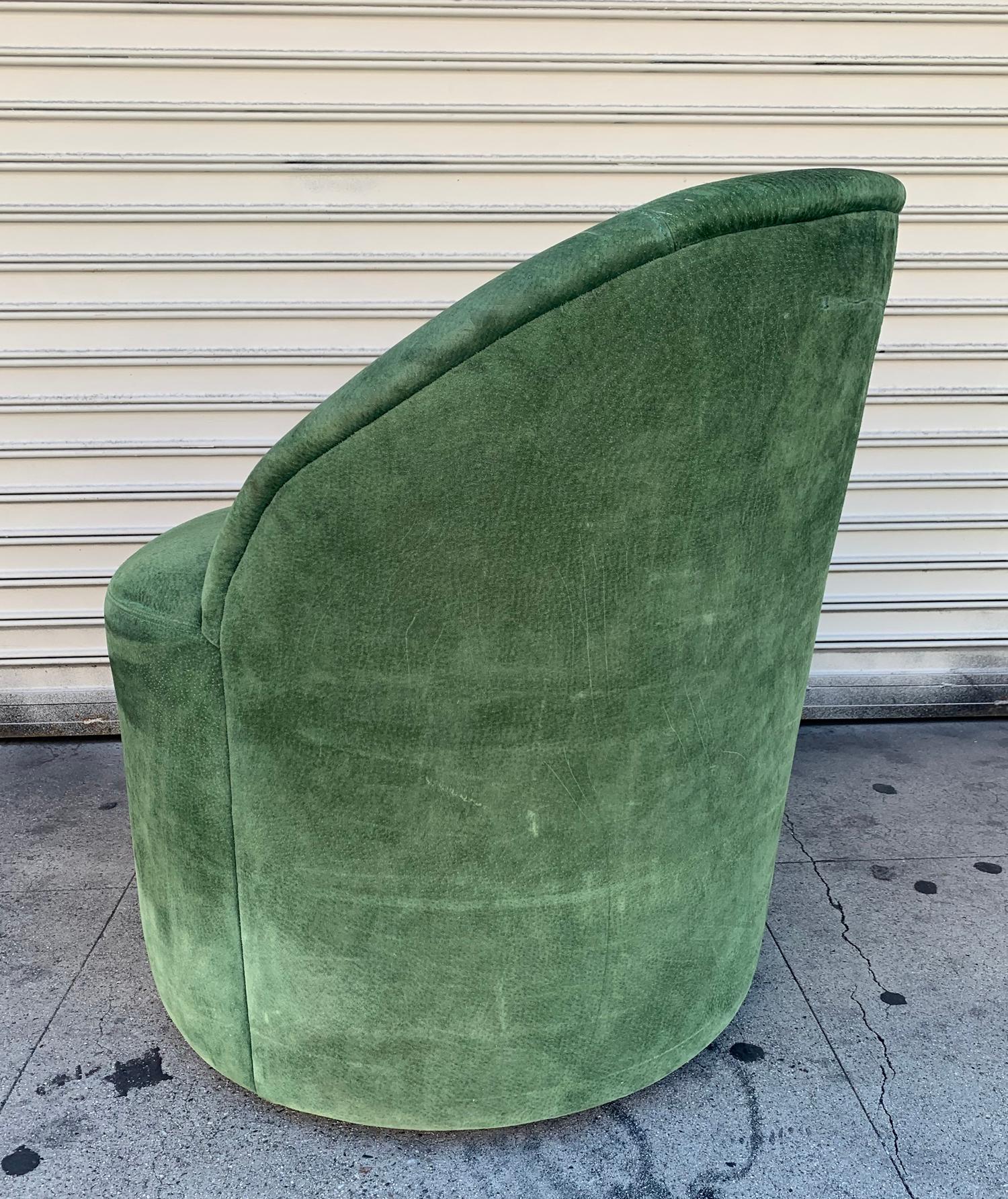 American Vintage Barrel Chair Upholstered in Green Suede