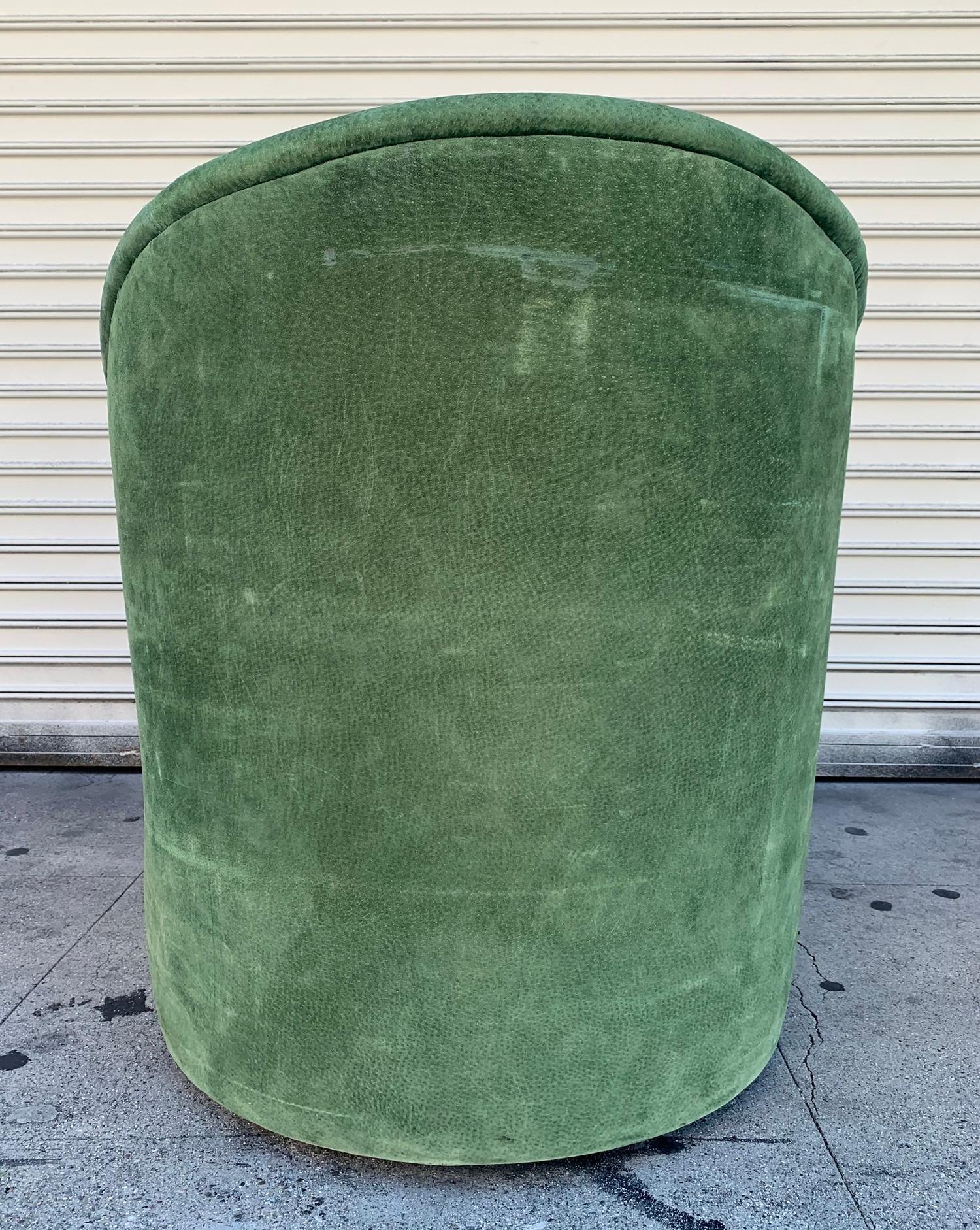 Vintage Barrel Chair Upholstered in Green Suede In Fair Condition In Los Angeles, CA