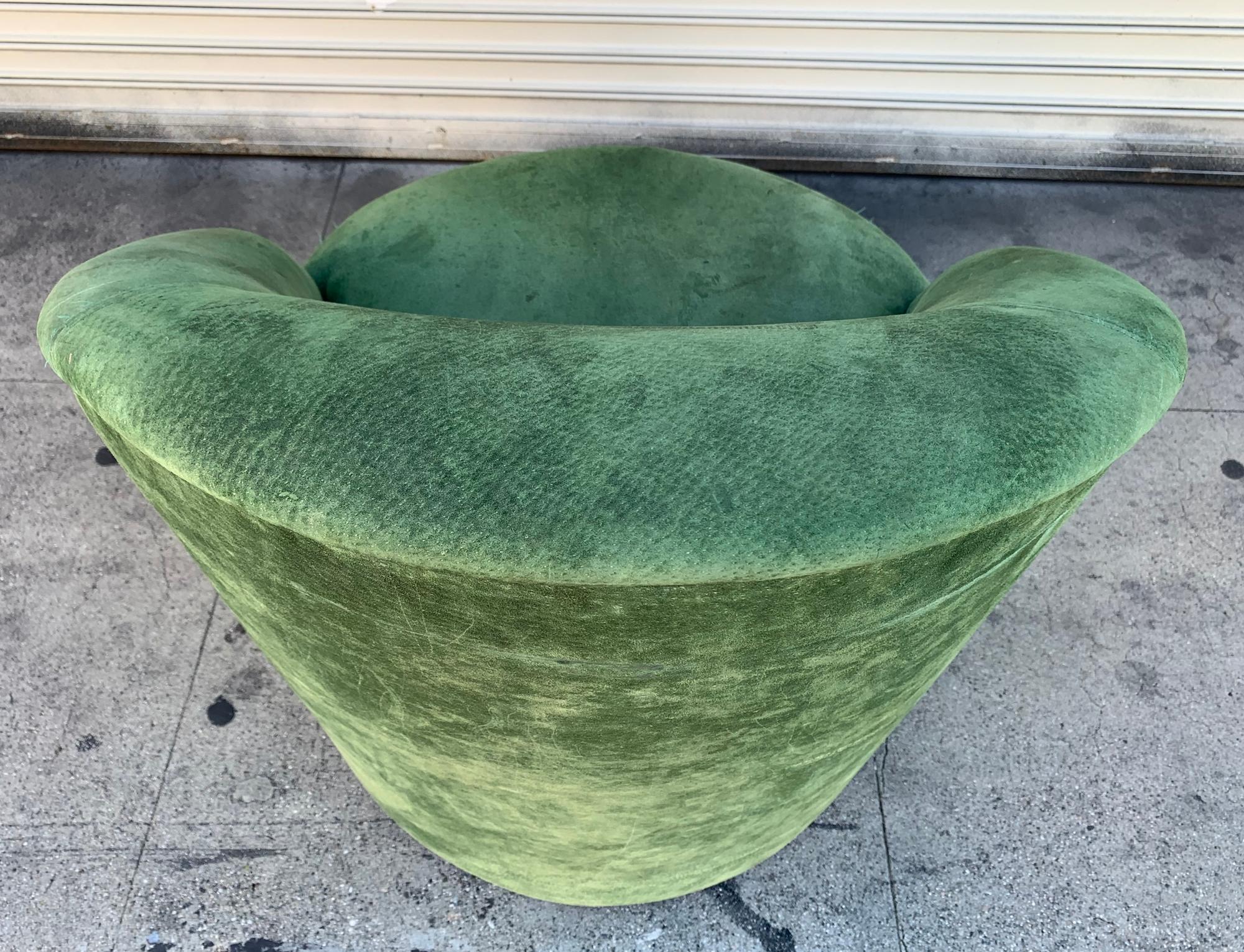 Late 20th Century Vintage Barrel Chair Upholstered in Green Suede