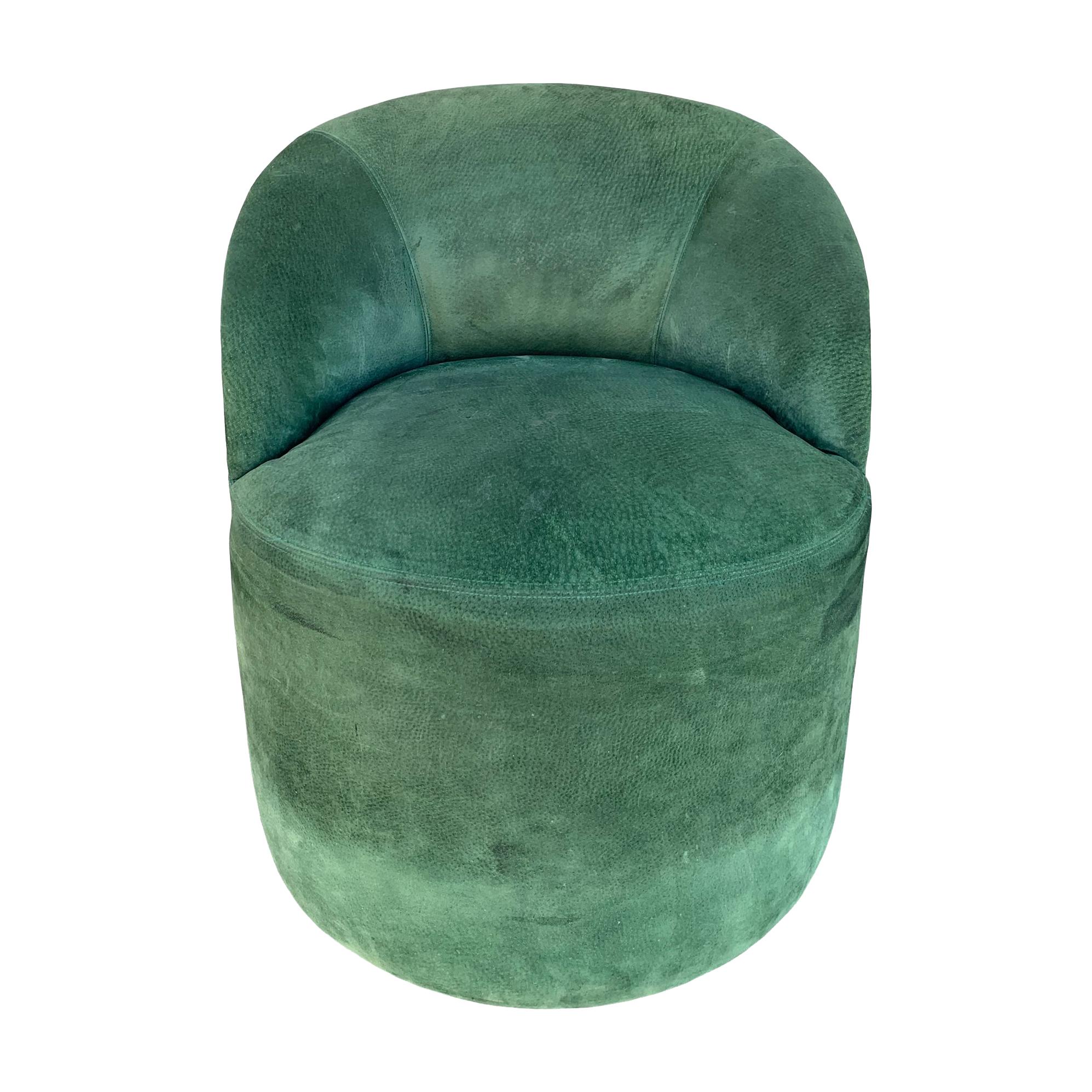 Vintage Barrel Chair Upholstered in Green Suede