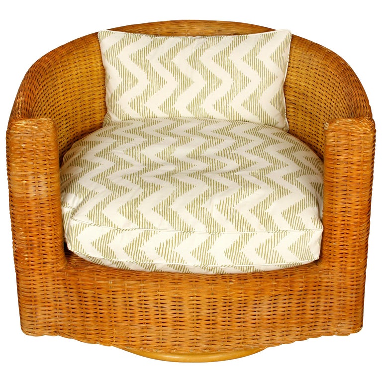 Vintage Barrel Swivel Wicker Chair in Lee Jofa Fabric For ... Part of a large collection of ornate wicker that was collected over the years by a senator's wife.