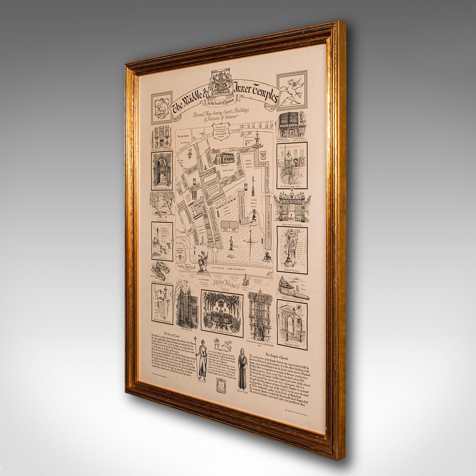 Mid-Century Modern Carte Barrister's de Londres, anglaise, encadrée, intérieure, Temple moyen, vers 1970 en vente