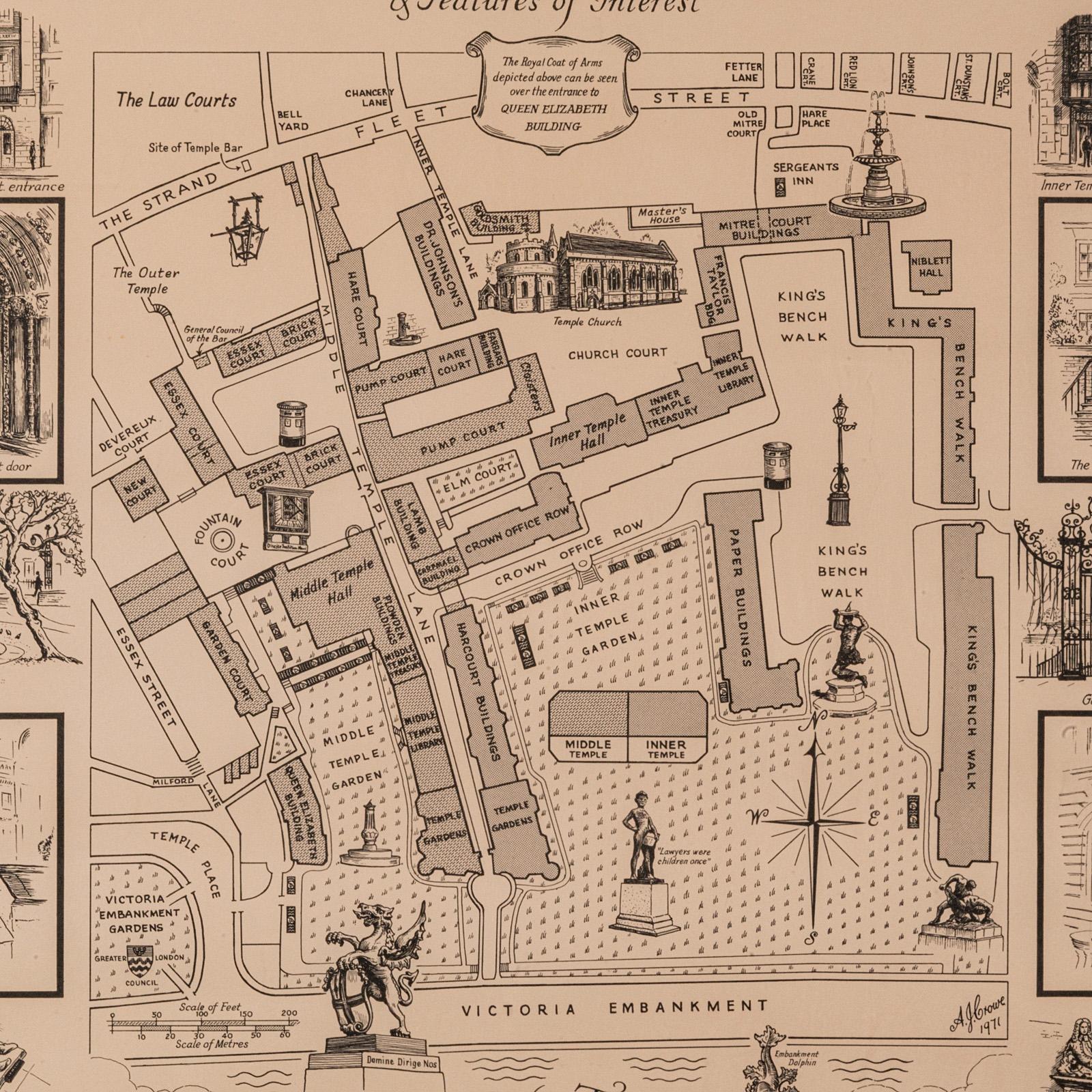 Britannique Carte Barrister's de Londres, anglaise, encadrée, intérieure, Temple moyen, vers 1970 en vente