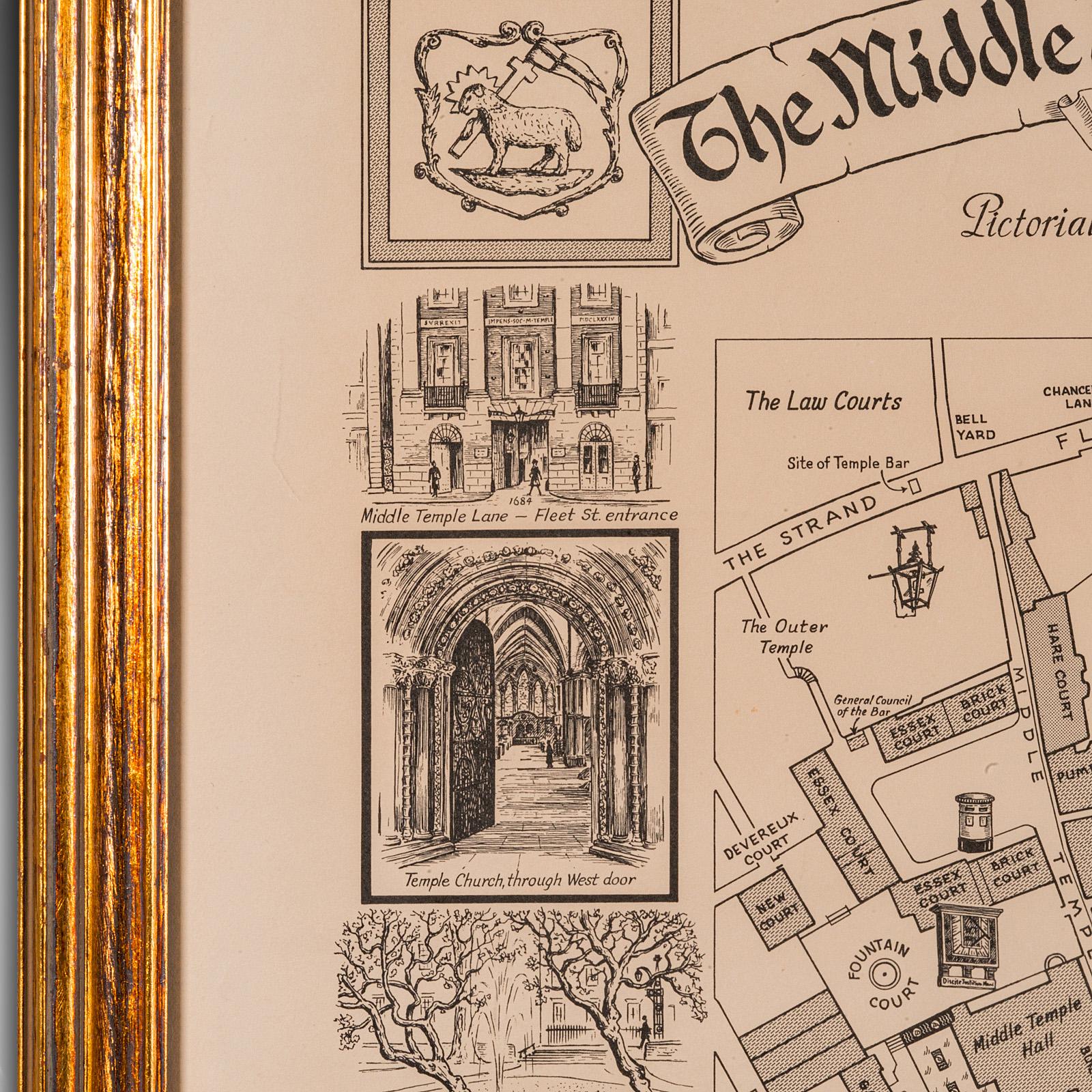 Carte Barrister's de Londres, anglaise, encadrée, intérieure, Temple moyen, vers 1970 Bon état - En vente à Hele, Devon, GB