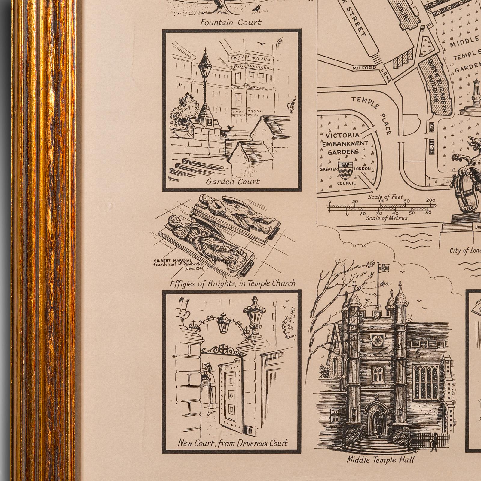 20ième siècle Carte Barrister's de Londres, anglaise, encadrée, intérieure, Temple moyen, vers 1970 en vente