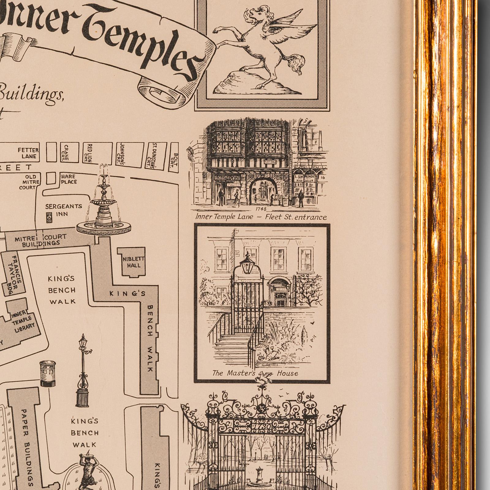 Verre Carte Barrister's de Londres, anglaise, encadrée, intérieure, Temple moyen, vers 1970 en vente